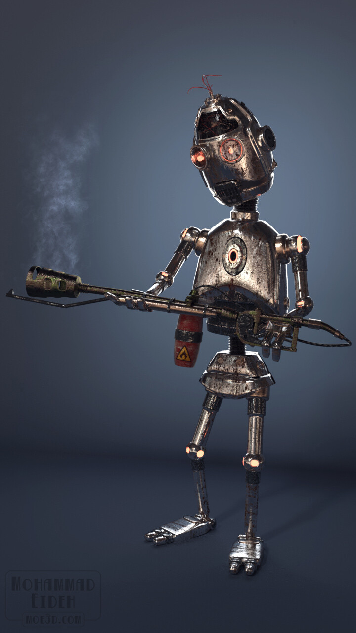 Flamedroid. A fully-rigged old rusty robot, and a Flamethrower ready to fire.