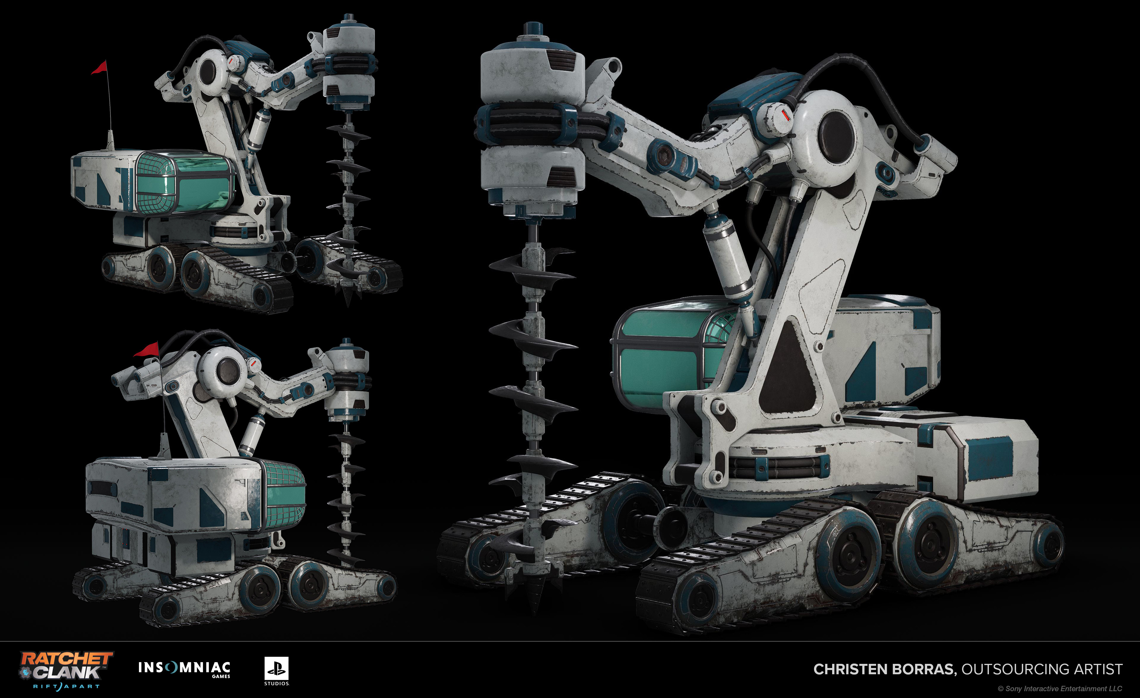 Diego Teran helped with the high and low poly of the tracks and drill.