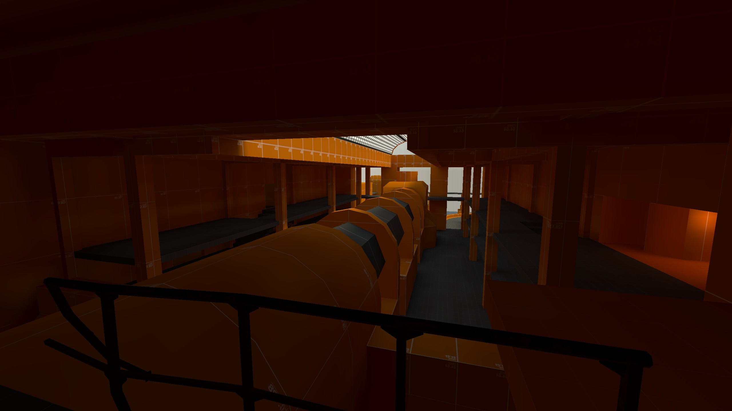 A blockout screenshot of the turbine room from the back gantry.