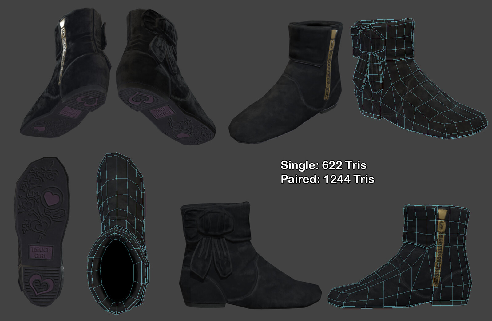 Wireframe overlaid images of the mesh. Only the right boot is presented in this picture, the pair being mirrored to each other, mesh wise.