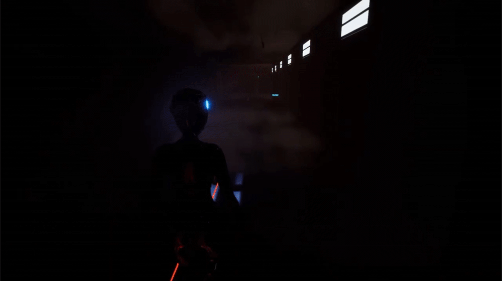 Hallway lighting up to reveal player objective