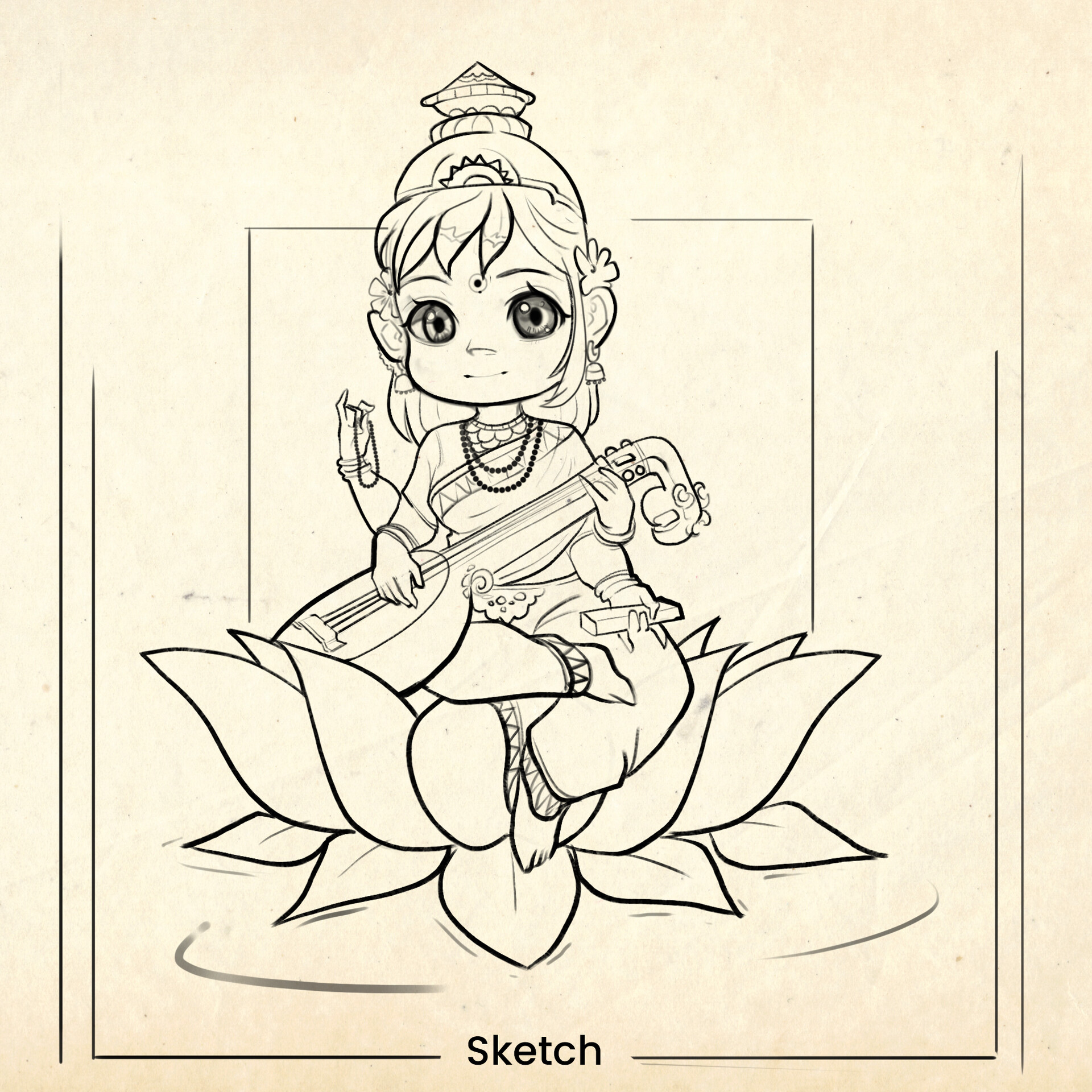 Saraswati Hindu Goddess Of Knowledge Sitting On Lotus Flower And Playing  Veena Instrument Silhouette Symbol Hand Drawn Ink Sketch Isolated Design  Element For Prints Decor Web Stock Illustration - Download Image Now -