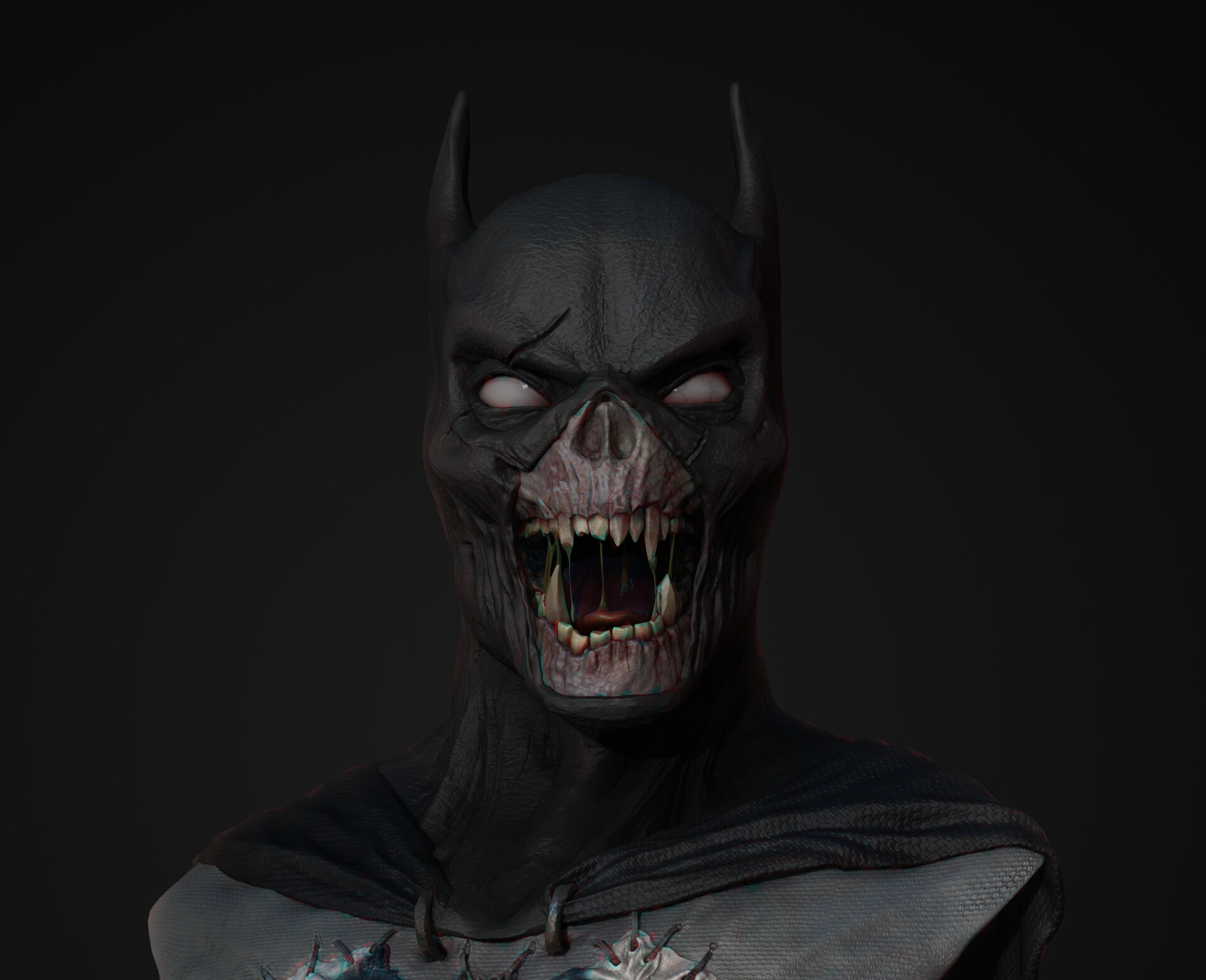 Batman is turning to zombie, face to camera, frighte