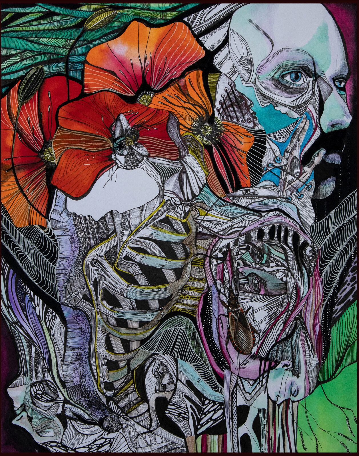 Watercolor, inks, pen, and acrylic on Arches