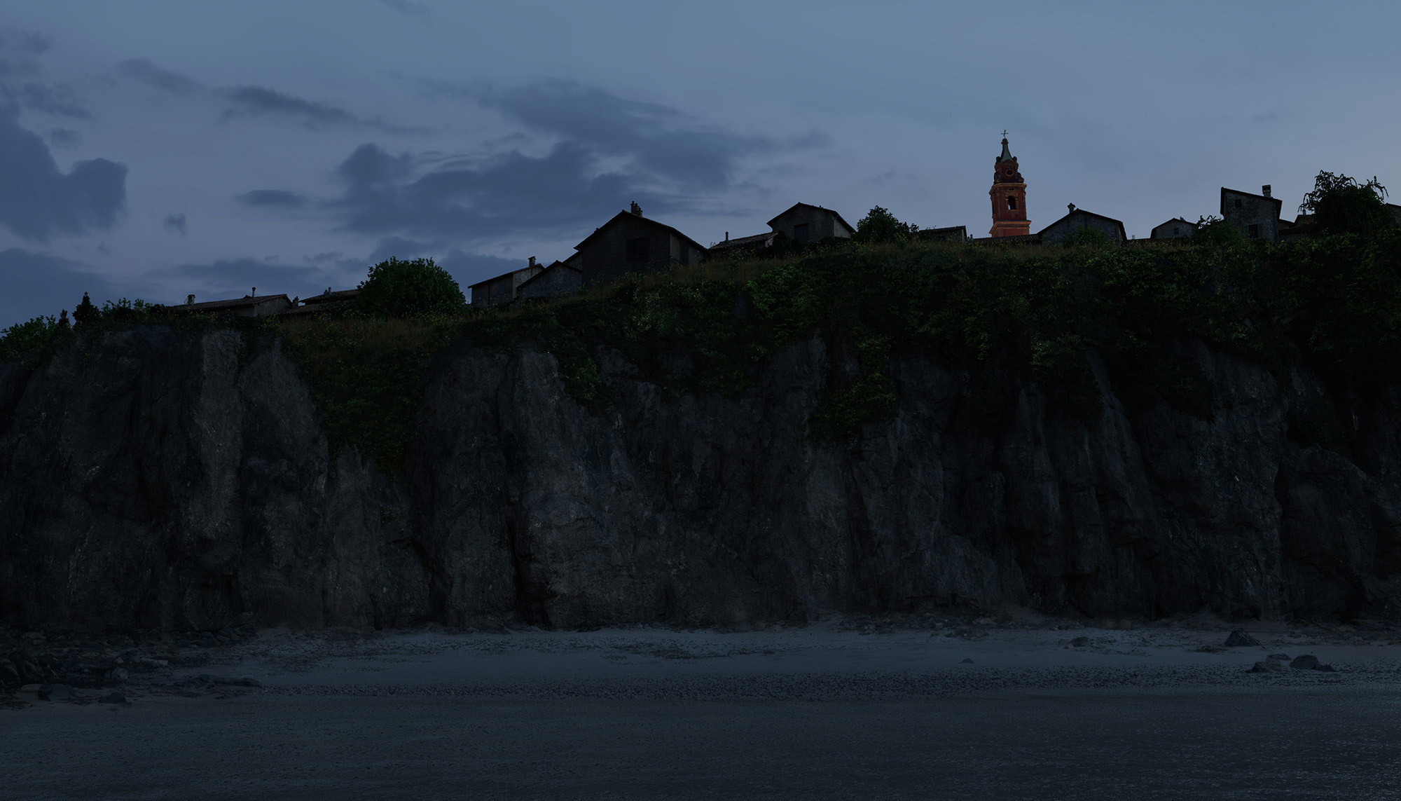 Italian town, view from the beach, matte painting. Cliffs texturing/replacement, beach dressing up and texturing, vegetation, buildings dirt and texturing pass, church detailing, sky 