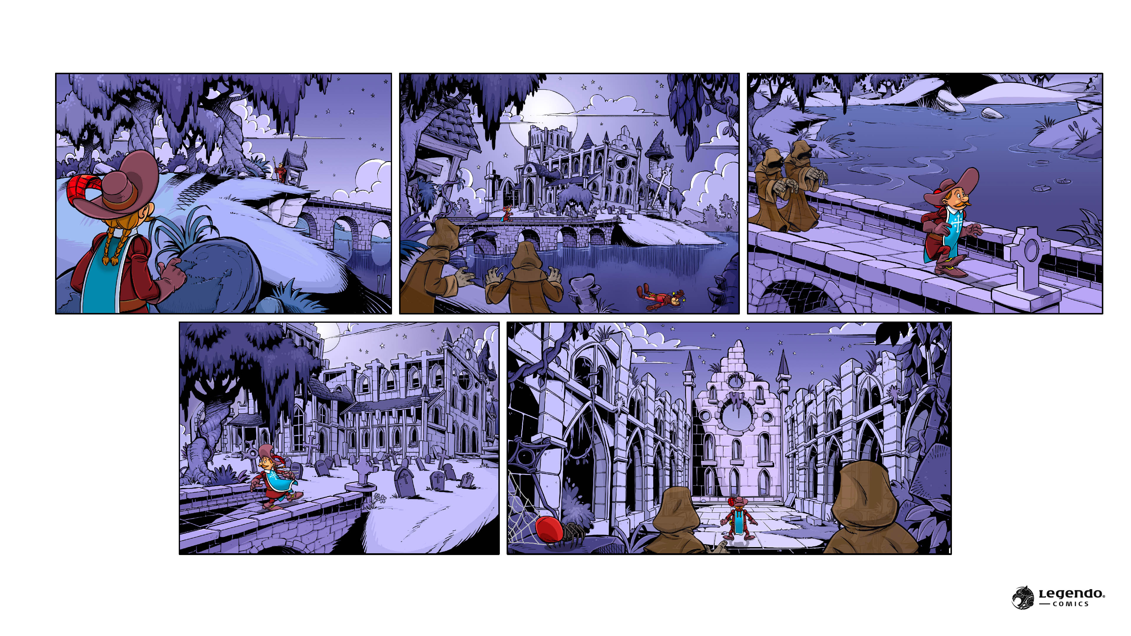 Unannounced ‘Muskerados™‘ project. Porthos returns once more to Count Xavier’s dark abbey in 1600s France.  Uses Hergé’s “Ligne Claire” comic book style that resulted in the French comic book look as seen in TinTin, Lucky Luke, Asterix, Spirou, and more.
