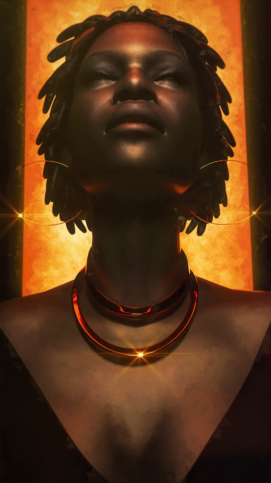 Title: Genesis 
Description: A woman with golden earrings and necklaces facing upwards