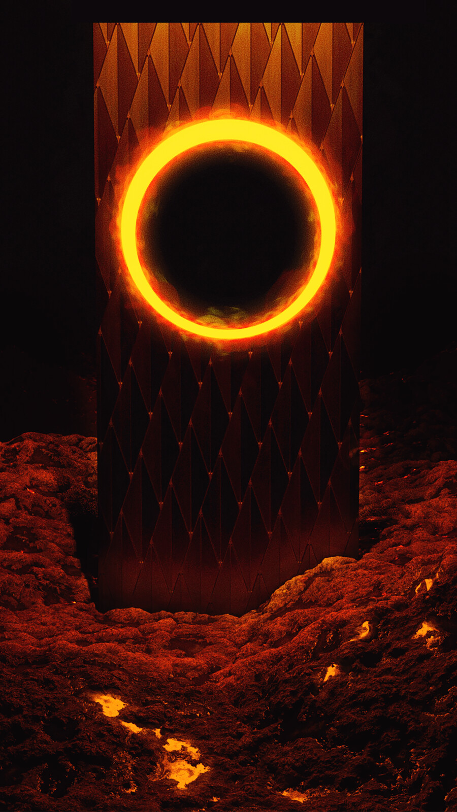 Title: Migration 
Description: An obelisk with a glowing hole in it's top stands amongst a rocky landscape