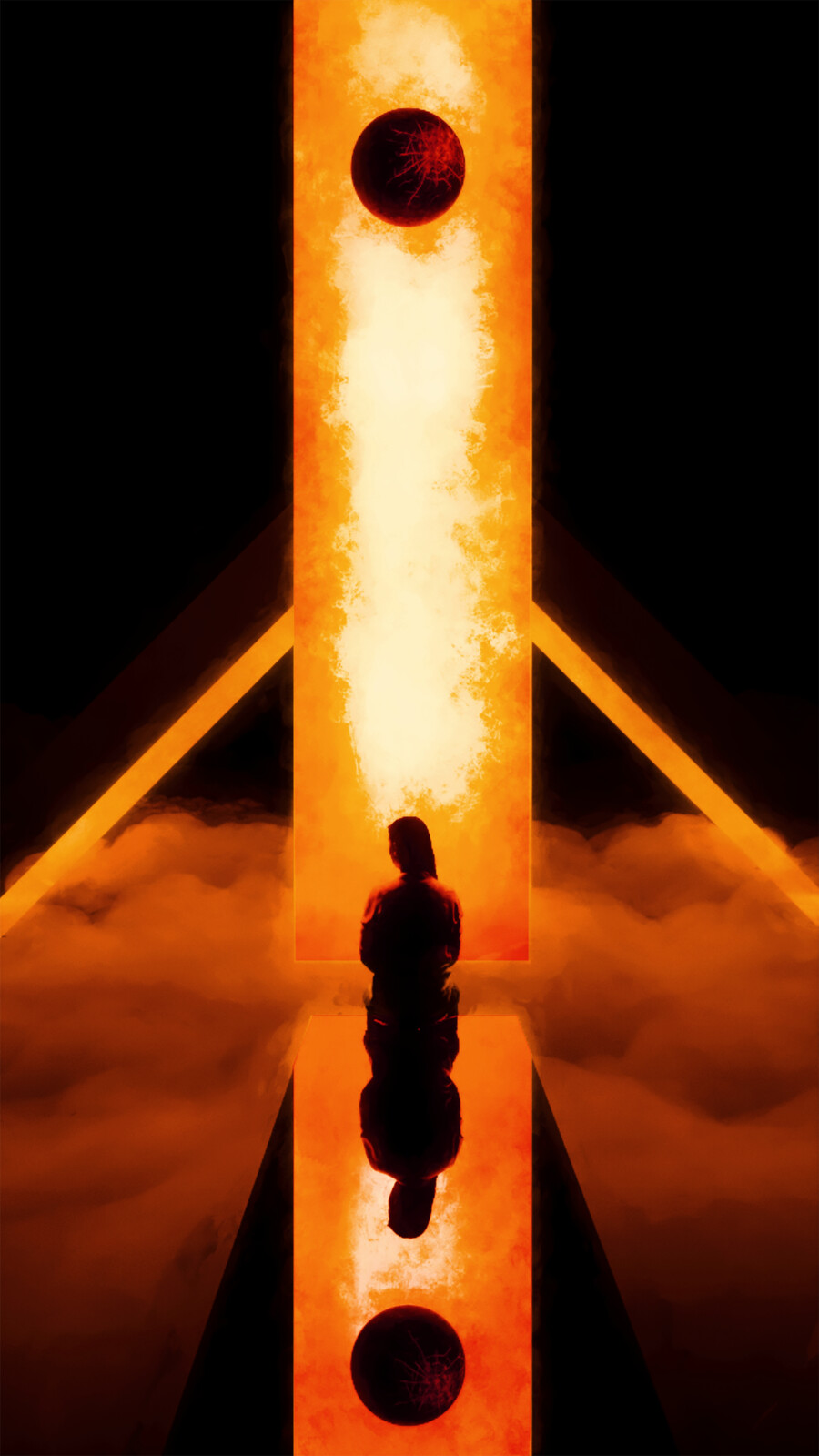 Title: Neglect 
Description: A woman sits on a pier above the clouds looking up at a burning planet