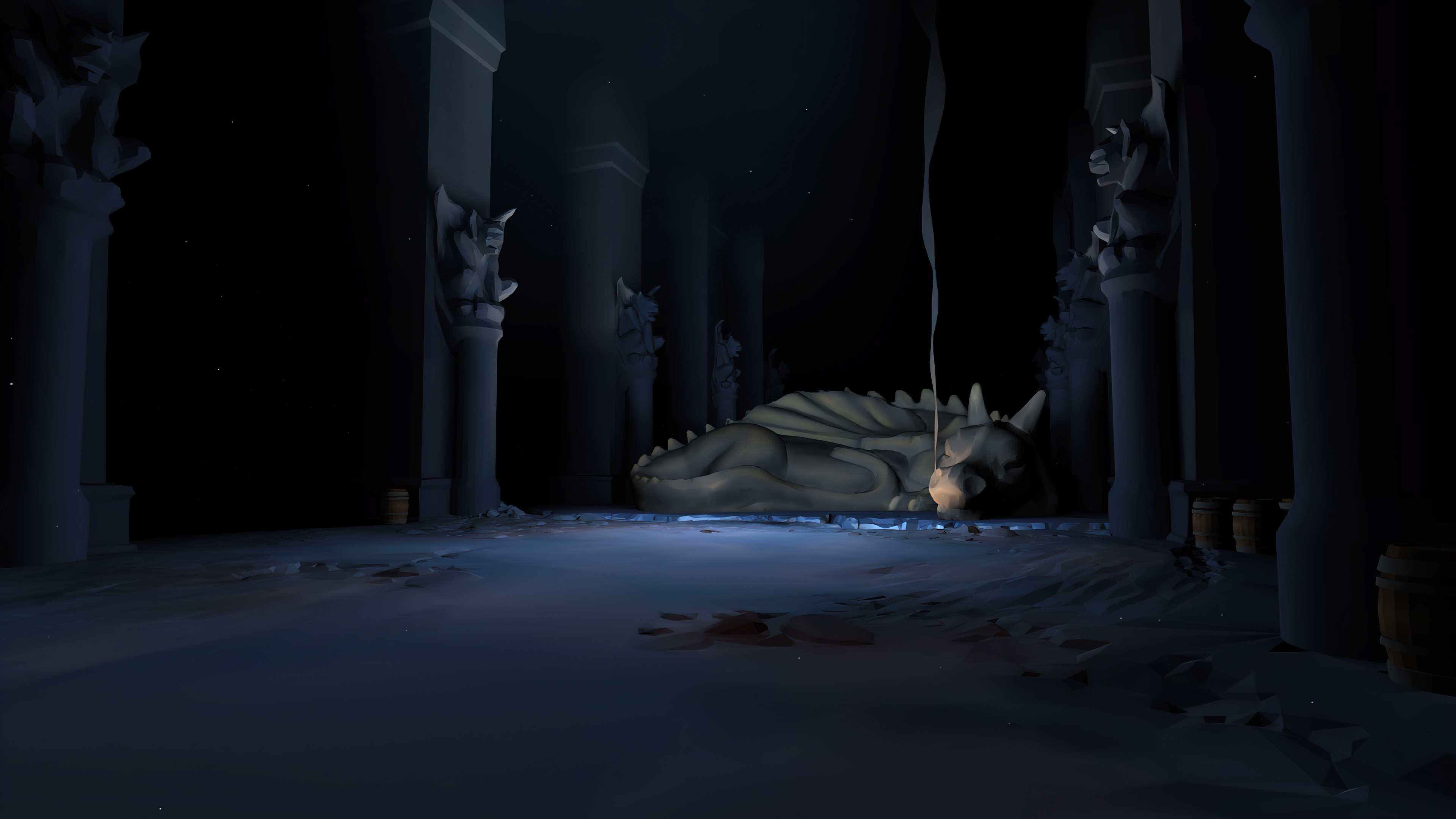 I created this scene for the menu. No UV, no texture, just vertex color. Of course, the dragon is alive and snoring...