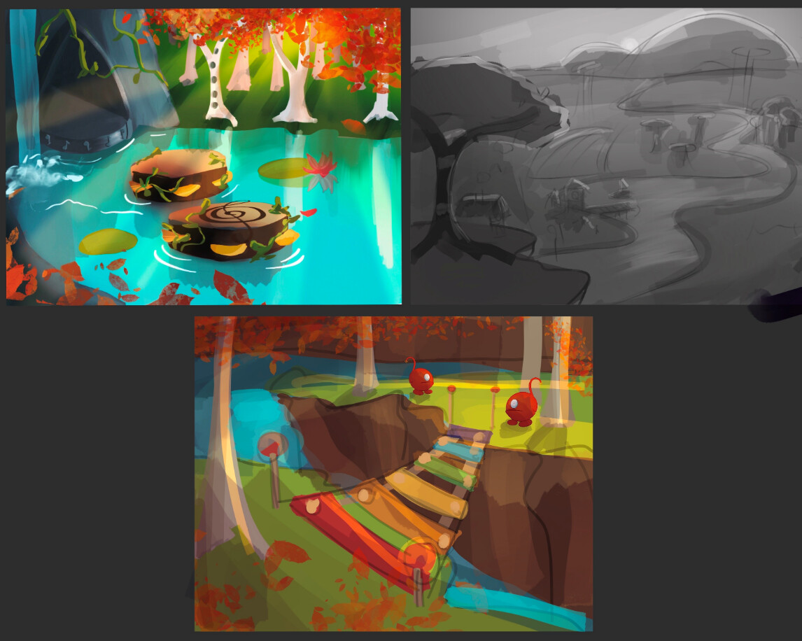 Here i did some environment concept sketches to get a general feel of how the game is going to be like. Since its a musical game, we wanted to incorporate some musical elements in the environment, like the xylophone bridge and the tambourine tree trunks.