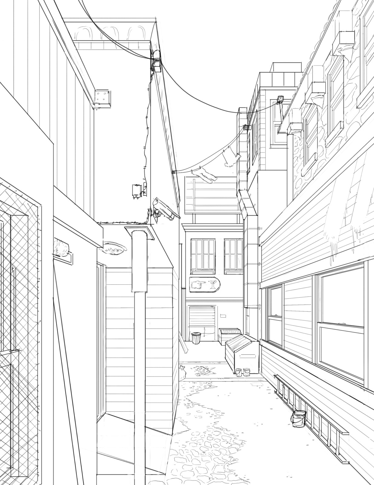 The goal of this illustration was for an assignment about perspective and drawing the linework for an alley of our own design.