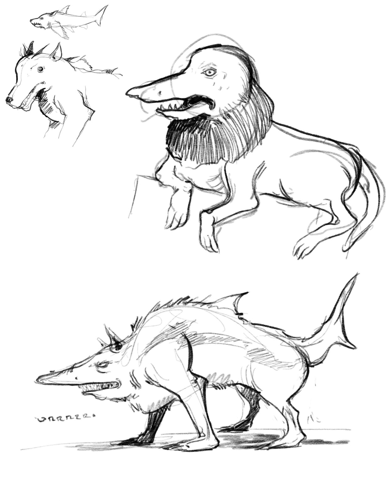 Concept ideation for the Shark Wolf creature character #1.