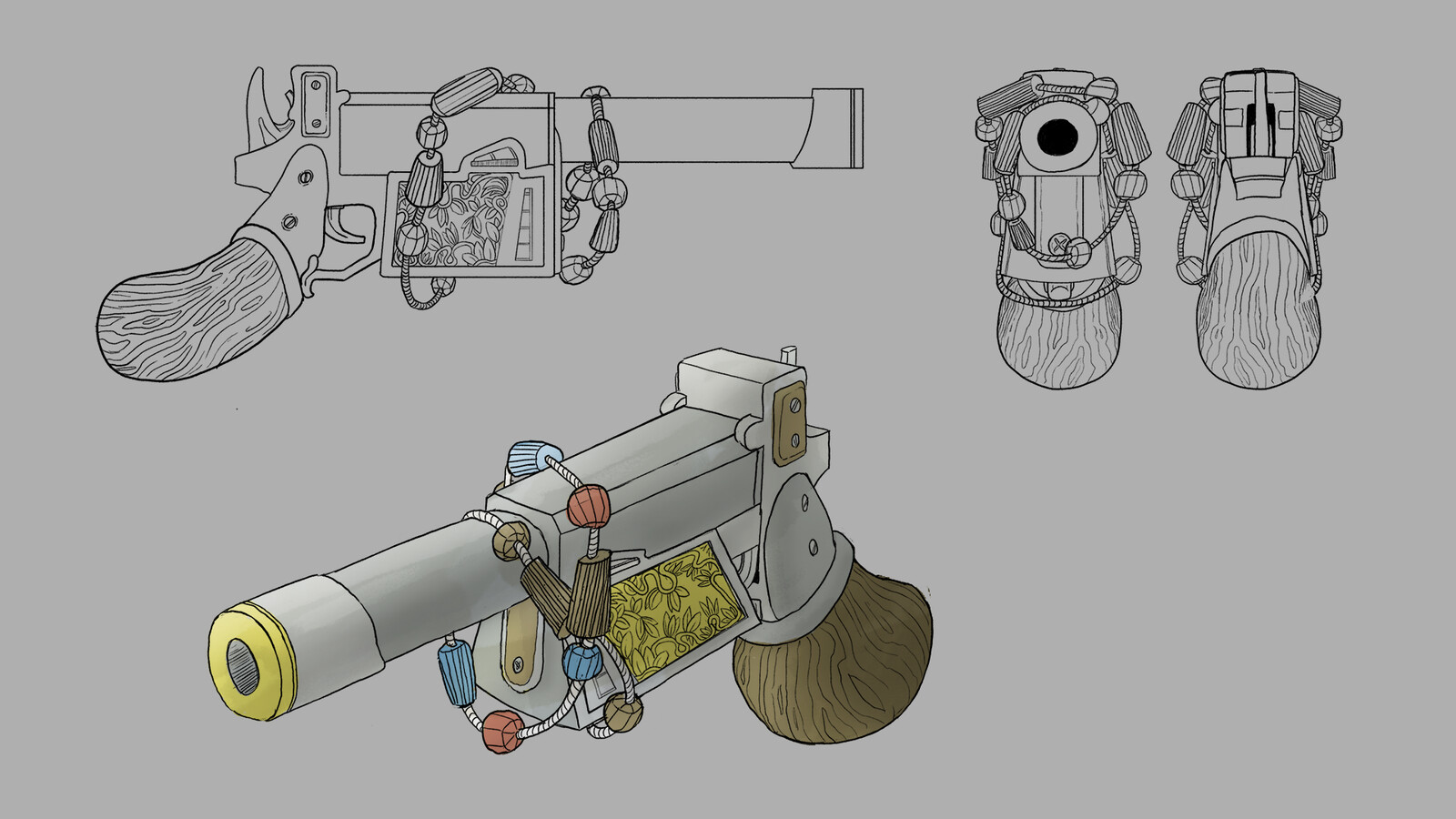 Weapon line art illustration for the prop concept along with different directional line art that would be used in the 3d modeling process.