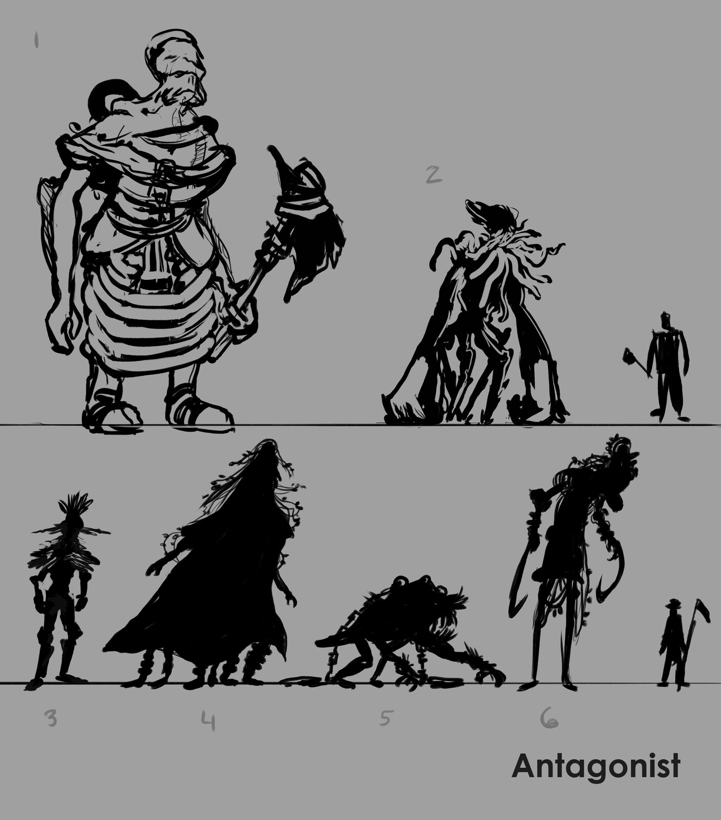 Antagonist/Creature concept sketches and silhouettes.