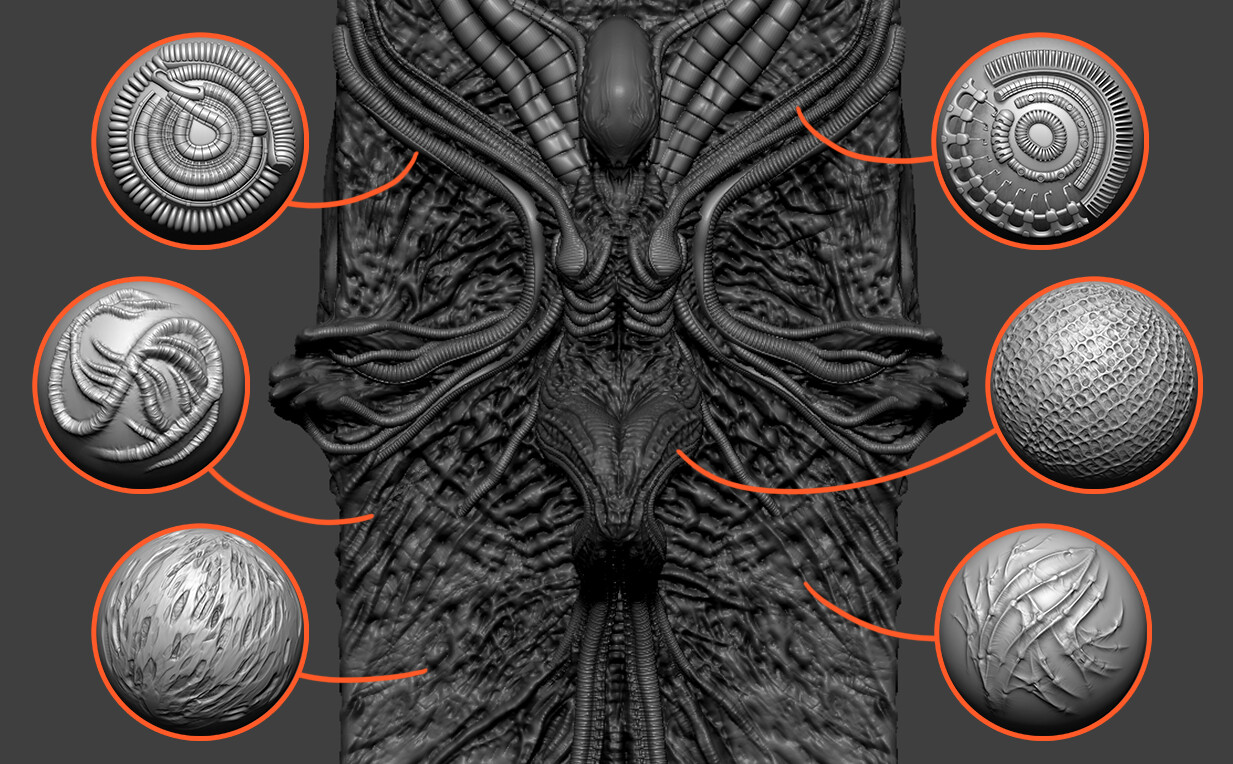 A sample of the custom brushes I used for the details in ZBrush