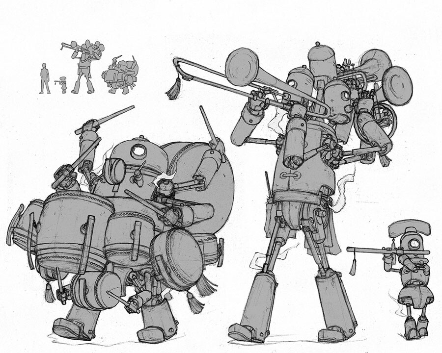 Trumpet and trombone player. Tiny flute and harmonica player. Drummer, with special mention of the tiny drum and arms on its chest.