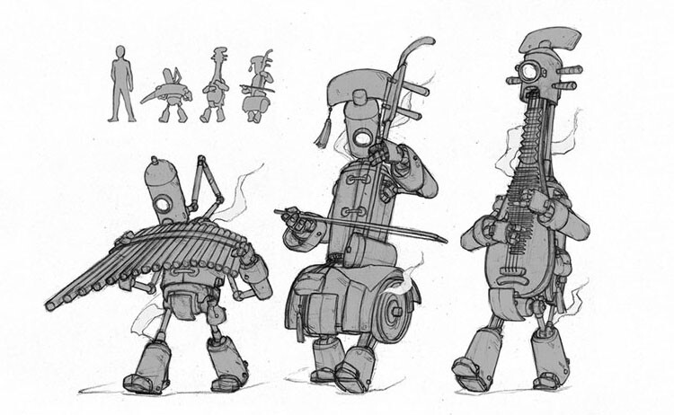 Robots with various Chinese instruments. Yu, Erhu and Pipa.