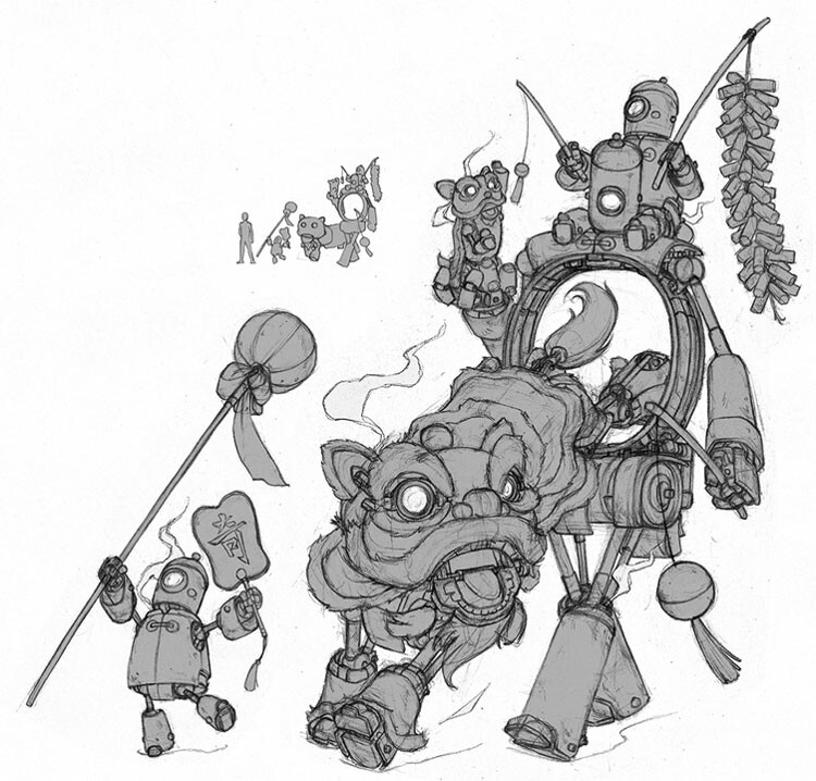 Liondancer and lion cub with firecrackers and baby robots.