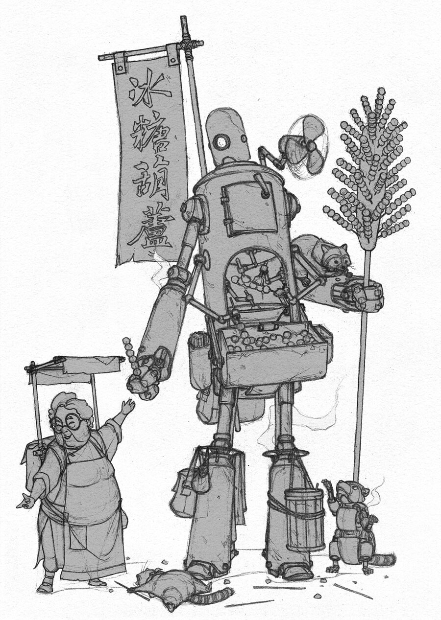 Grandpa selling candy while the torso of the robot is a mobile candied fruit factory, putting the fruit on sticks and coating it with syrup. The fan helps dry off the syrup and lure customers with the sugary scent.