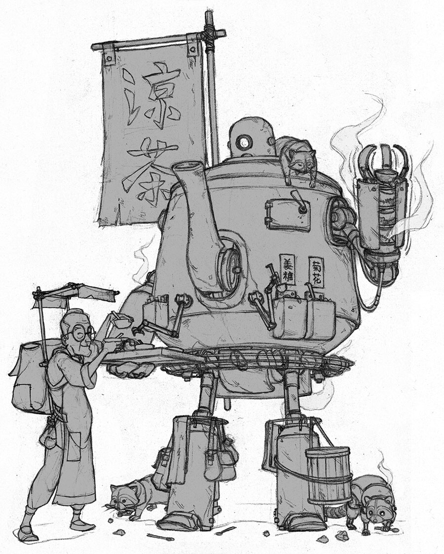 Grandpa filling tea for customers. The left arm of the robot doubles as a dishwasher while tiny army helps with sugar and other condiments. 