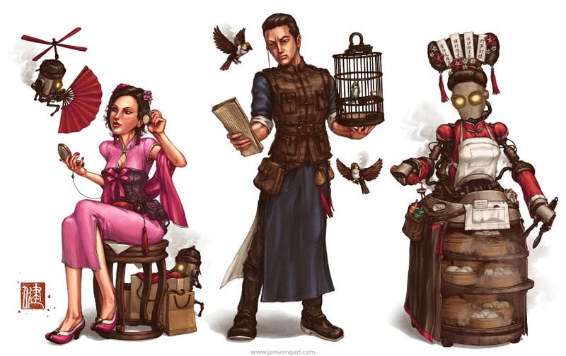 Extra image. Couple and robot waitress at teahouse.