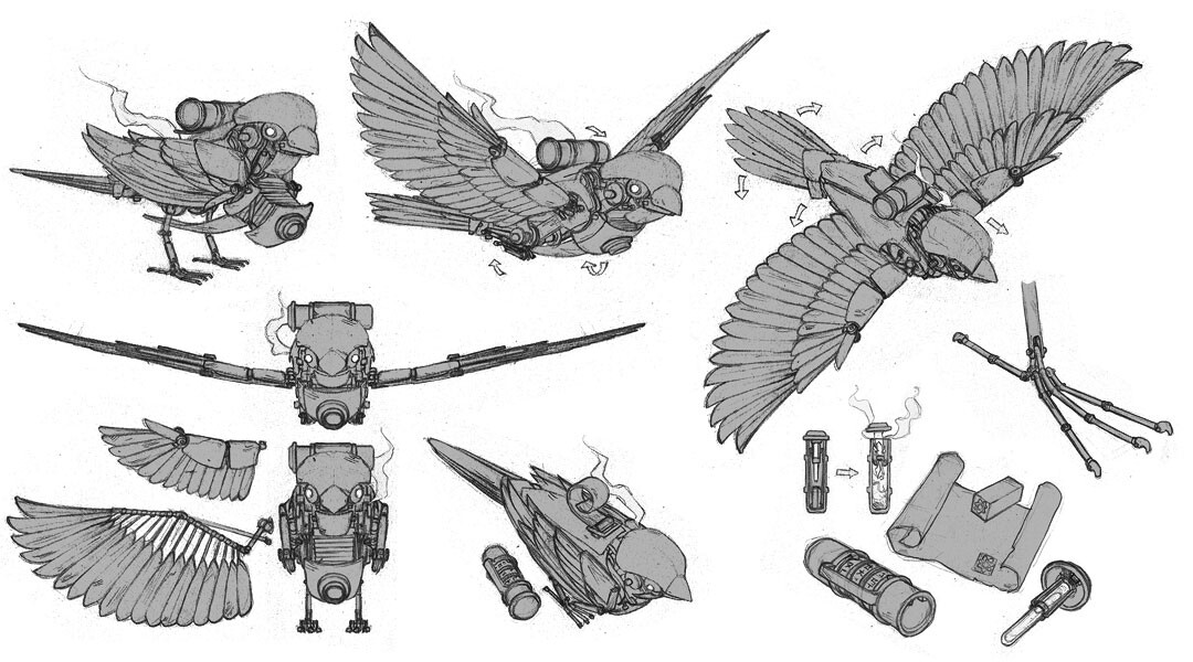 A mysterious mechanical bird seen flying around the Imperial City, taking pictures with a mounted camera...