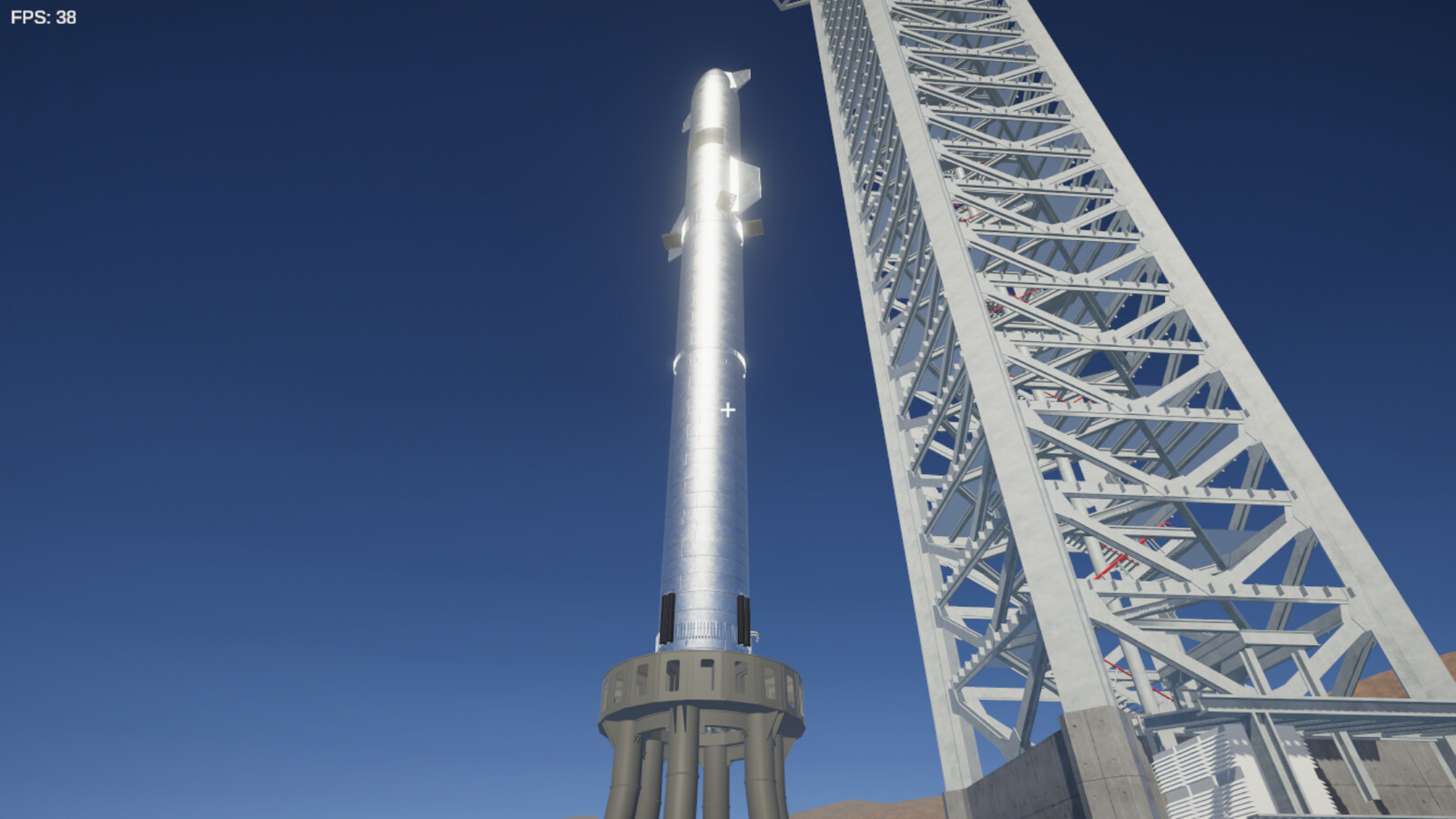 Starship and Super heavy launch position in Tesla Simulator. Rendered i Unity. Also Starbase launch tower 