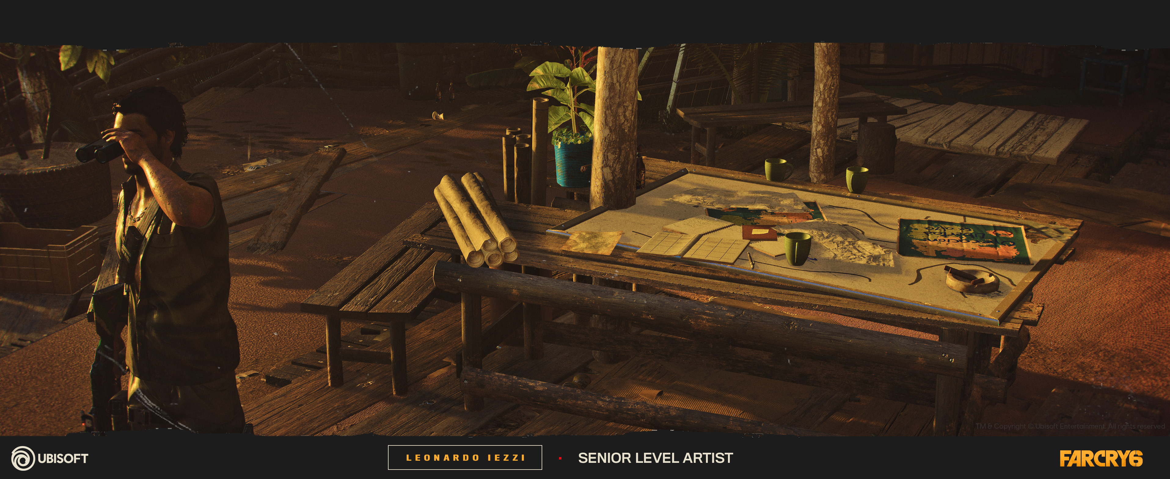 Screenshot of the upper tent framing a table with maps and a guy on the left using binoculars