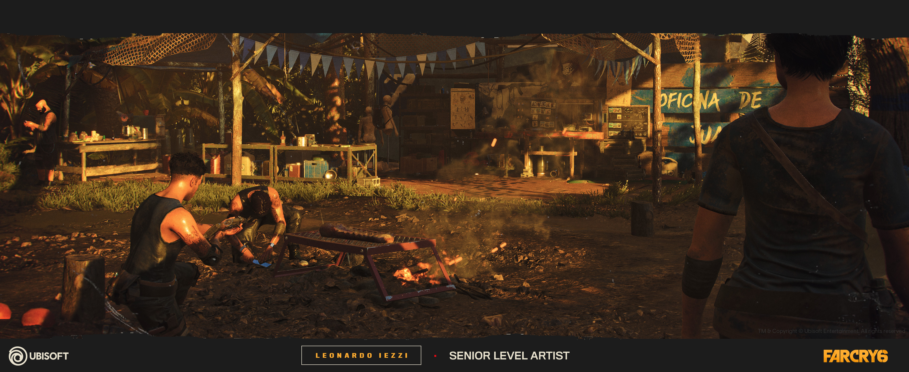 Screenshot of the camp from the stairs framing people doing things near the campfire with Juan's tent in the background