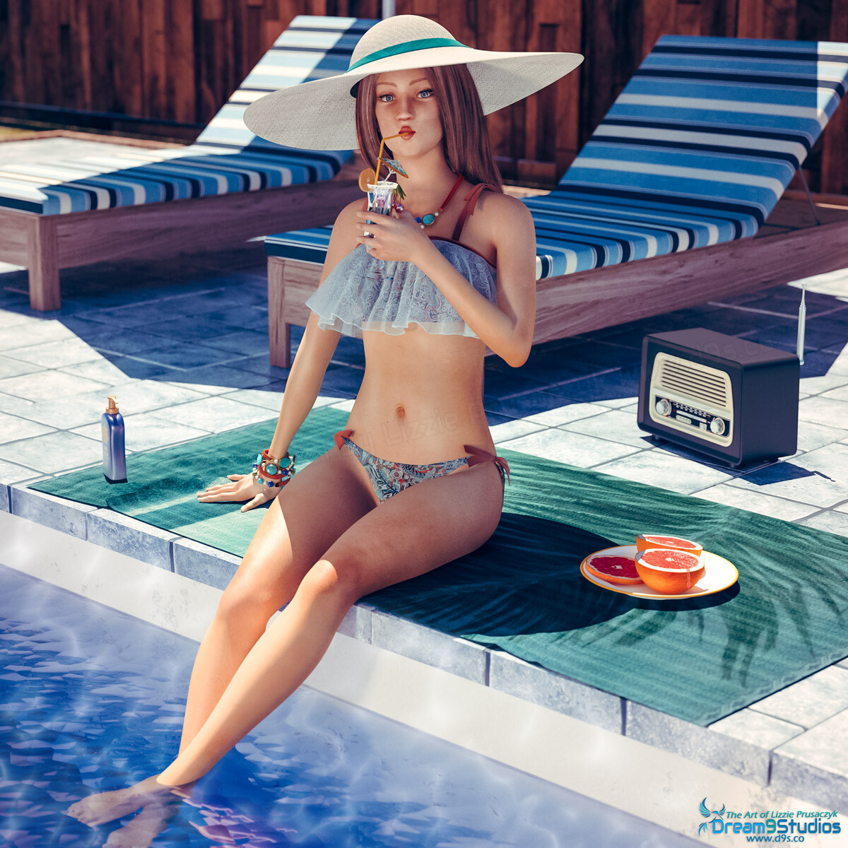 A lovely woman lounges by the pool while sipping a tropical drink during a warm summer day.