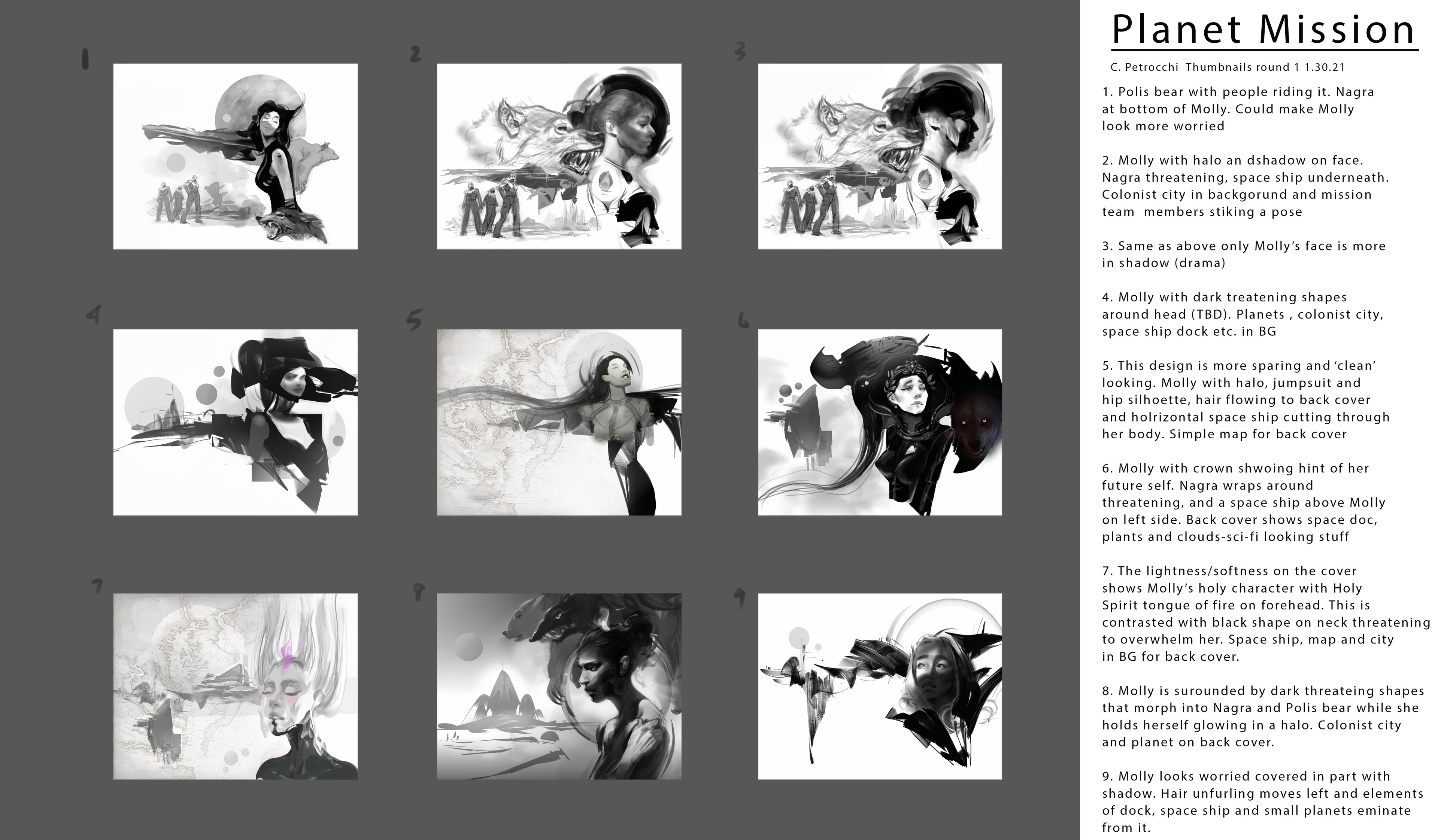 Step two: working from the random shape generation in step one I pick nine of these and take them to a thumbnail level to present to the client. I add notes for clarity