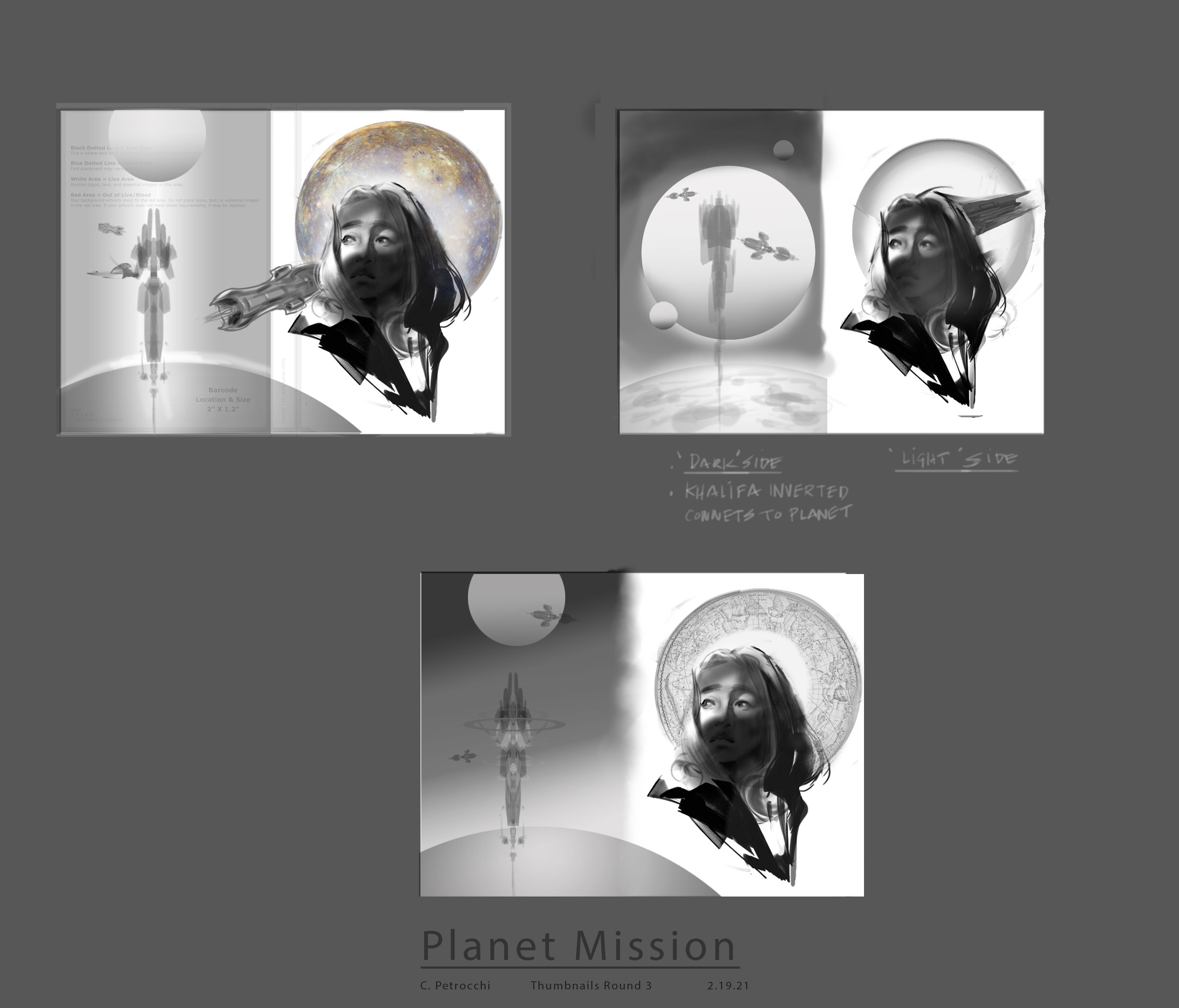Step four: the previous thumbnail iterations in step three were rejected and the client picked another of the previous thumbnails. So I take this one and show three options for the client to pick from