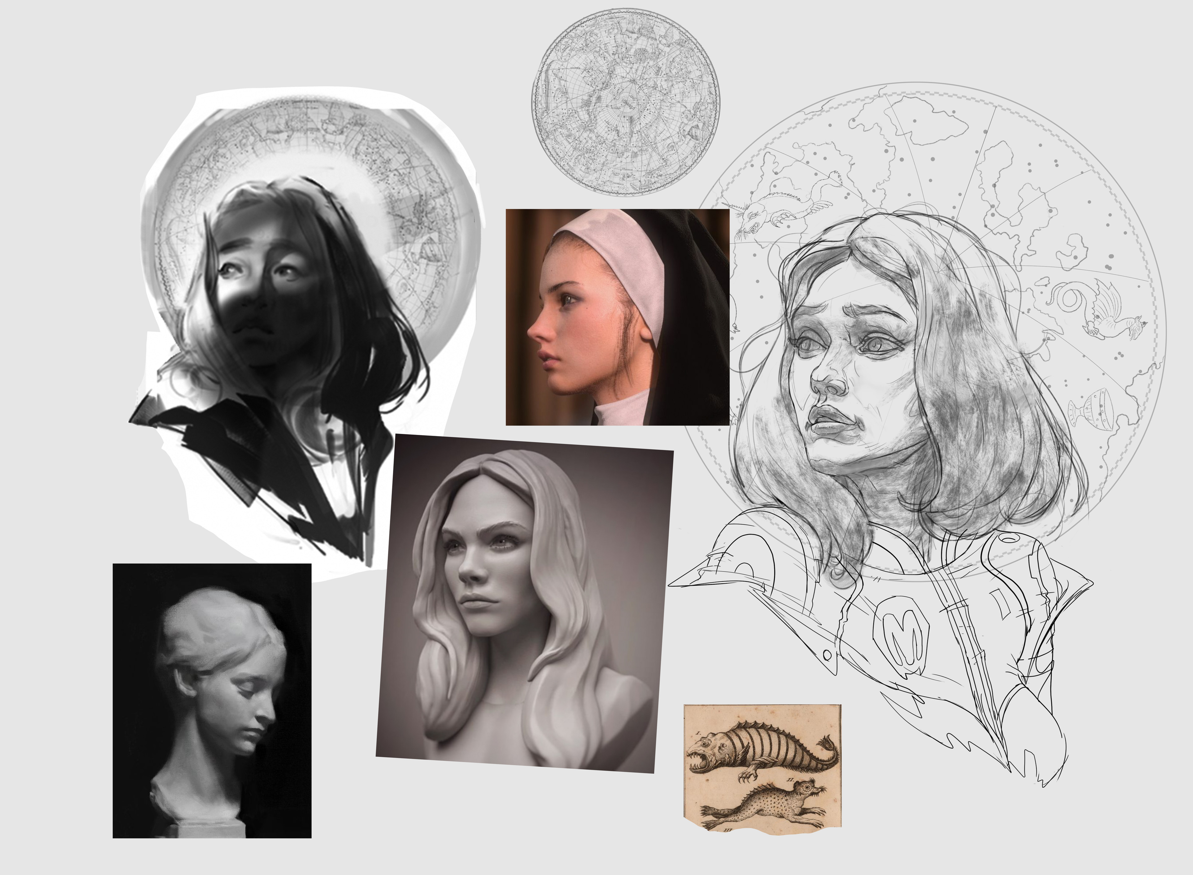 Step seven: begin the rough block in. You can see the line drawing with some tone on the right side and some photo reference and my rough thumbnail drawing on the left side