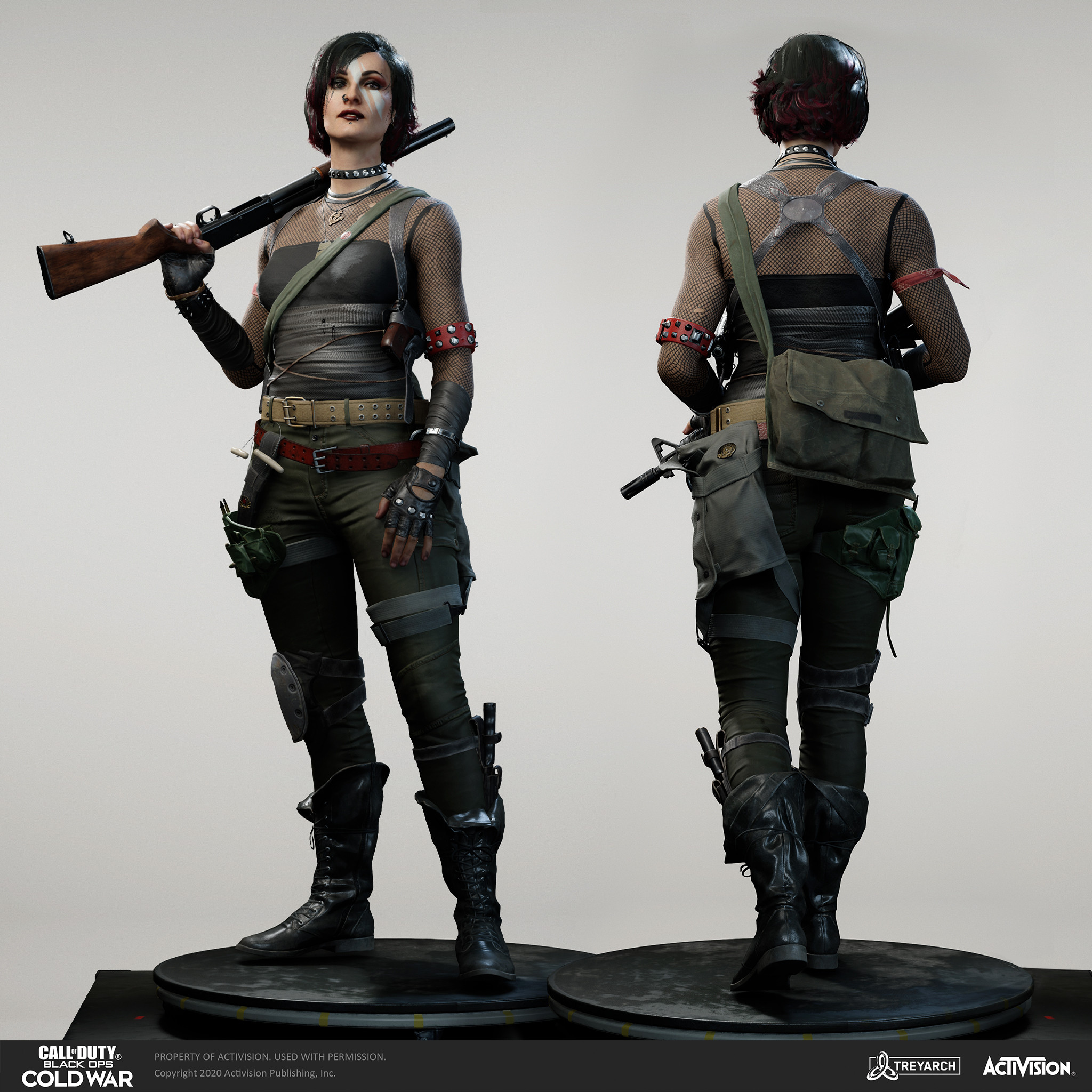 Yirina Portnova - Tactical Goth. I was responsible for the design, game mesh assembly, and textures/materials. Individual models/bakes used on the character were created by the Treyarch, SHG, Raven, and OS teams. Head and hair model by Wren Cromwell.
