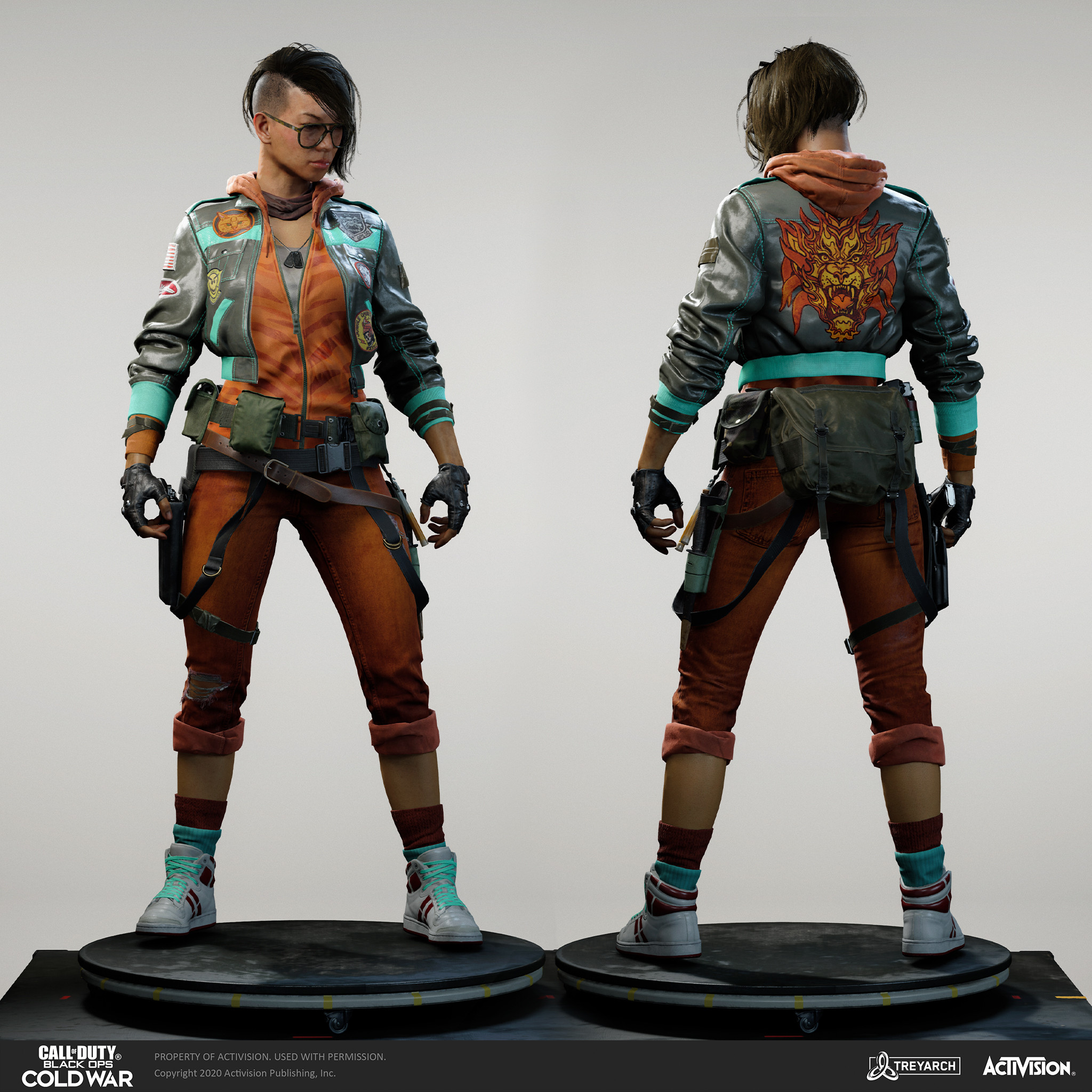 Kwan Song - Tigress. I was responsible for design, mesh assembly, and textures/materials. Individual models/bakes used on the character were created by the Treyarch, SHG, Raven, and OS teams. Head and hair model by head team - Scott Wells, Wren Cromwell.