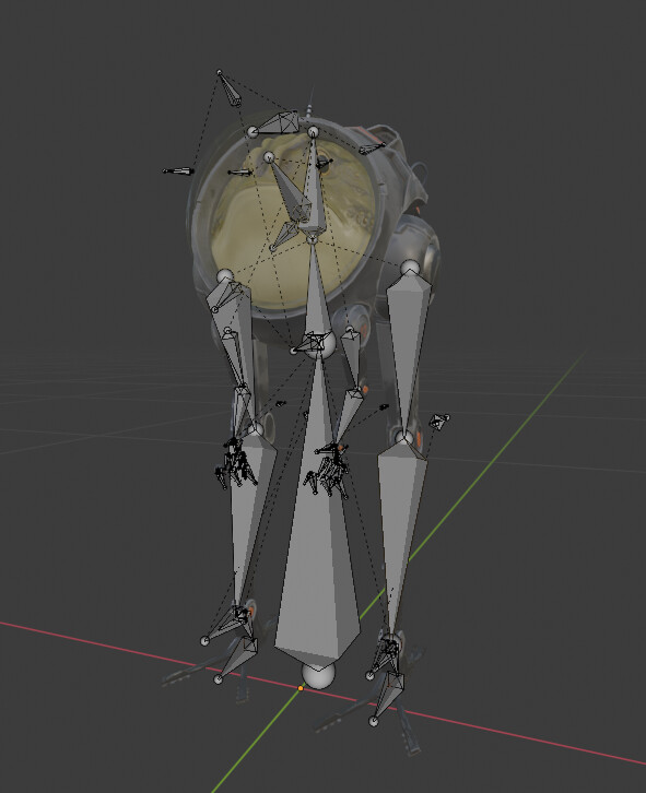 Blender rig in edit view, showing all used joints in this rig.
