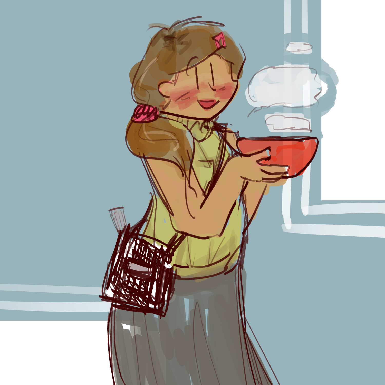 An older lady with steamy... food.