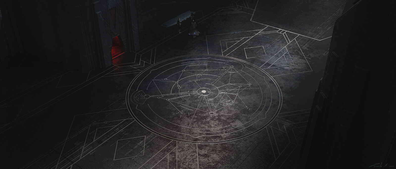 Pattern in the center of the room is a stylized galactic map.