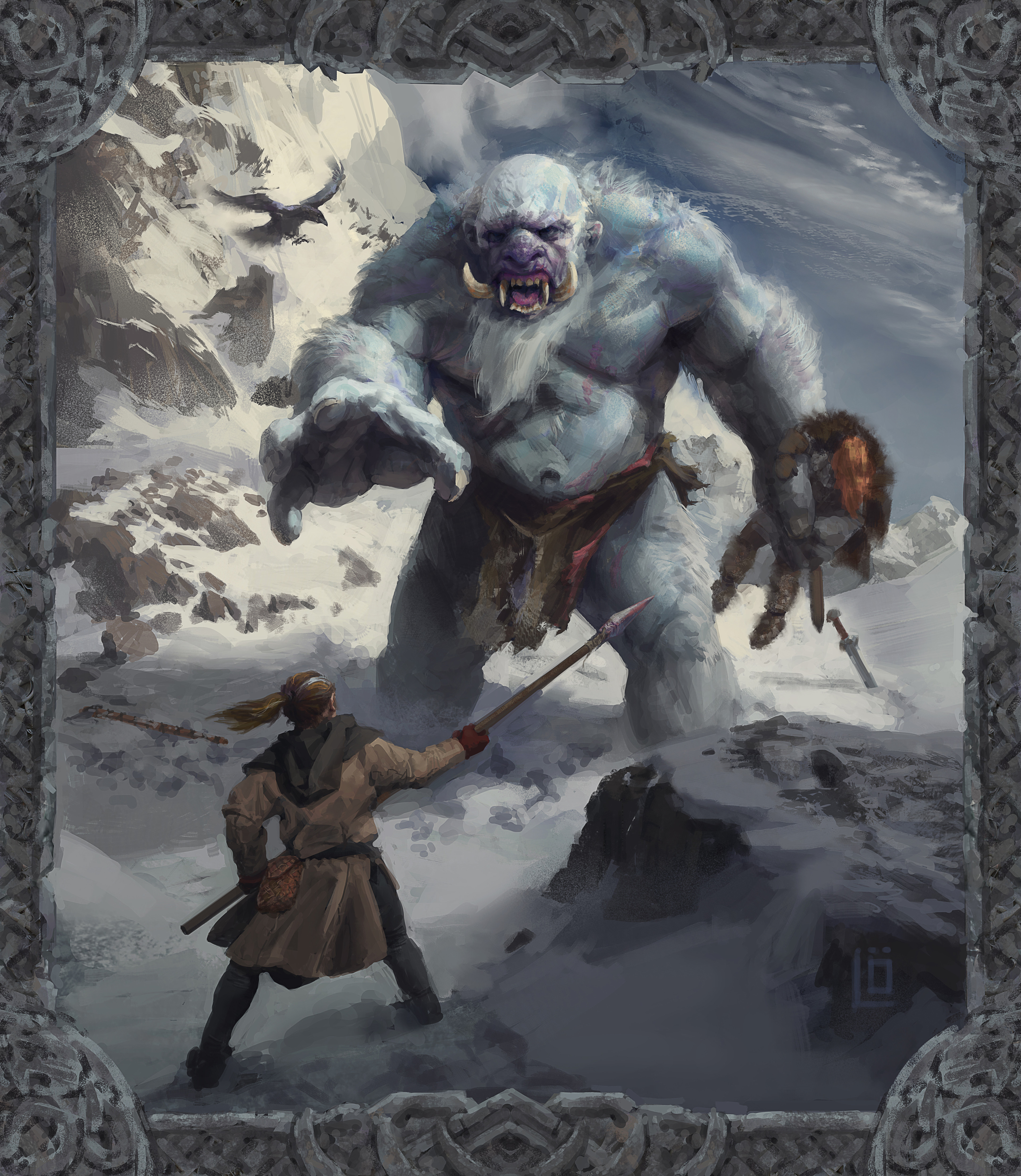 Jenuaran bravely faces off against the Ice Troll together with her raven. Their valkyrian companion struggles to break free in his ice cold grip.