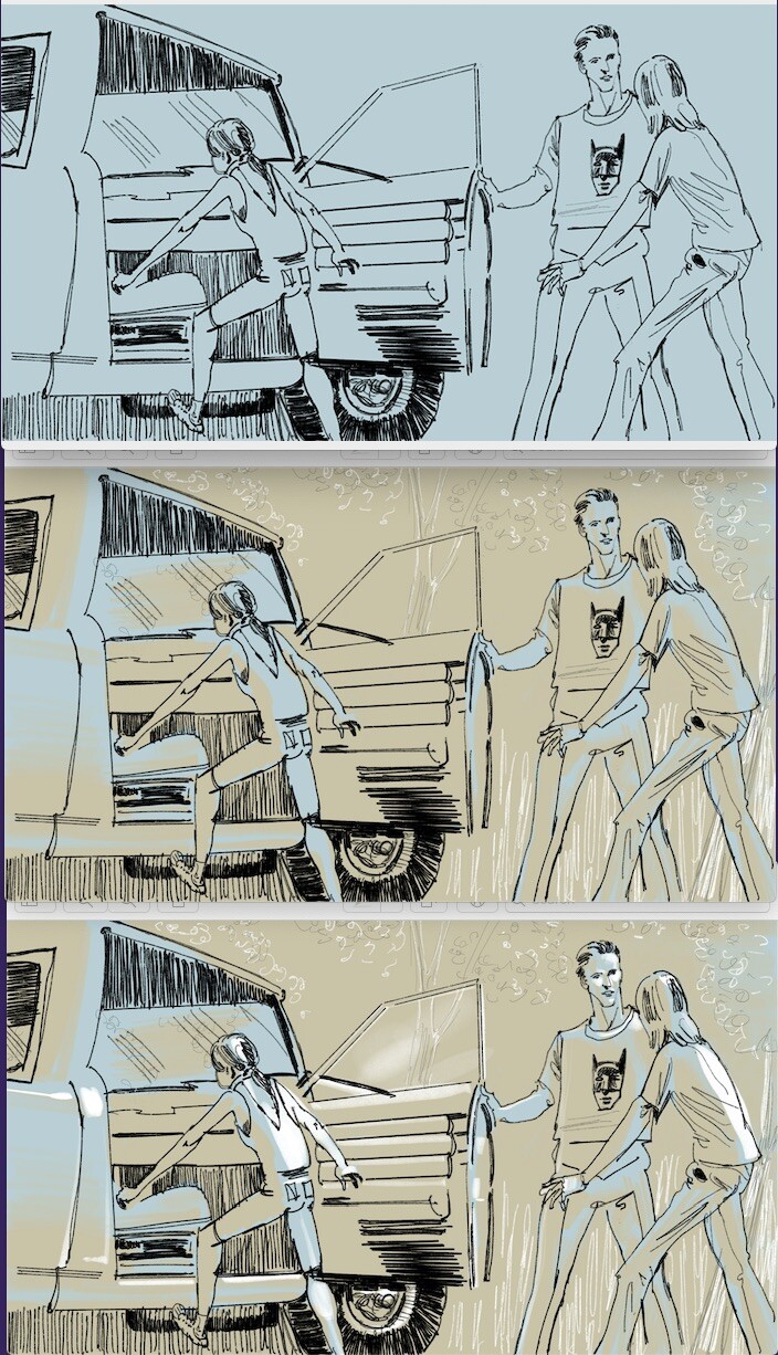 Three simple stage of quick toning. Light ground, Dark tone and High light. The original dark grey acts as the contour line and the cast shadow.