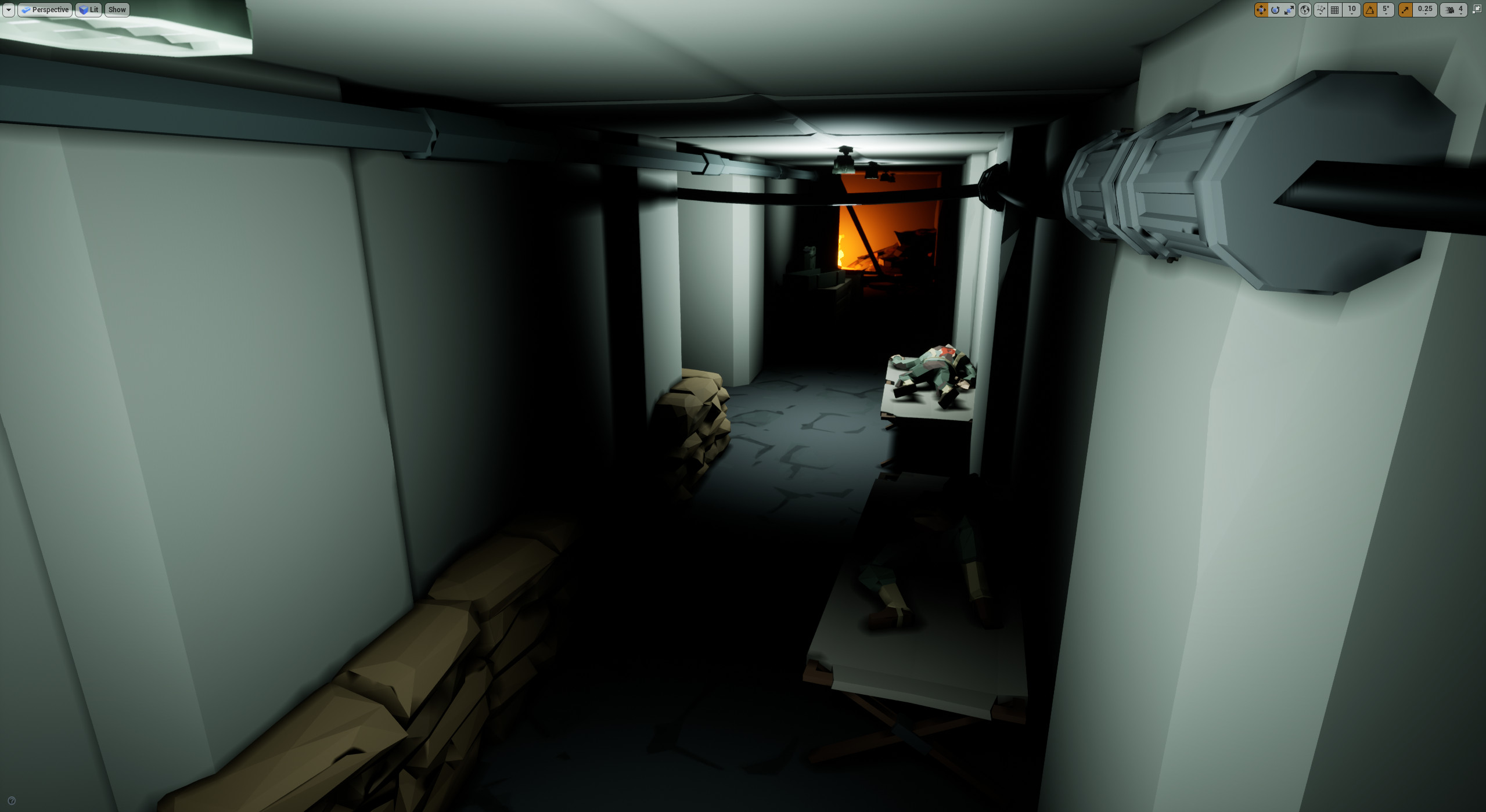 The bunker sections were deliberately small and dark with contrasting light to give the player an uneasy feeling navigating these underground spaces. A post-process volume was used to control shadow coloring and add some more bloom.