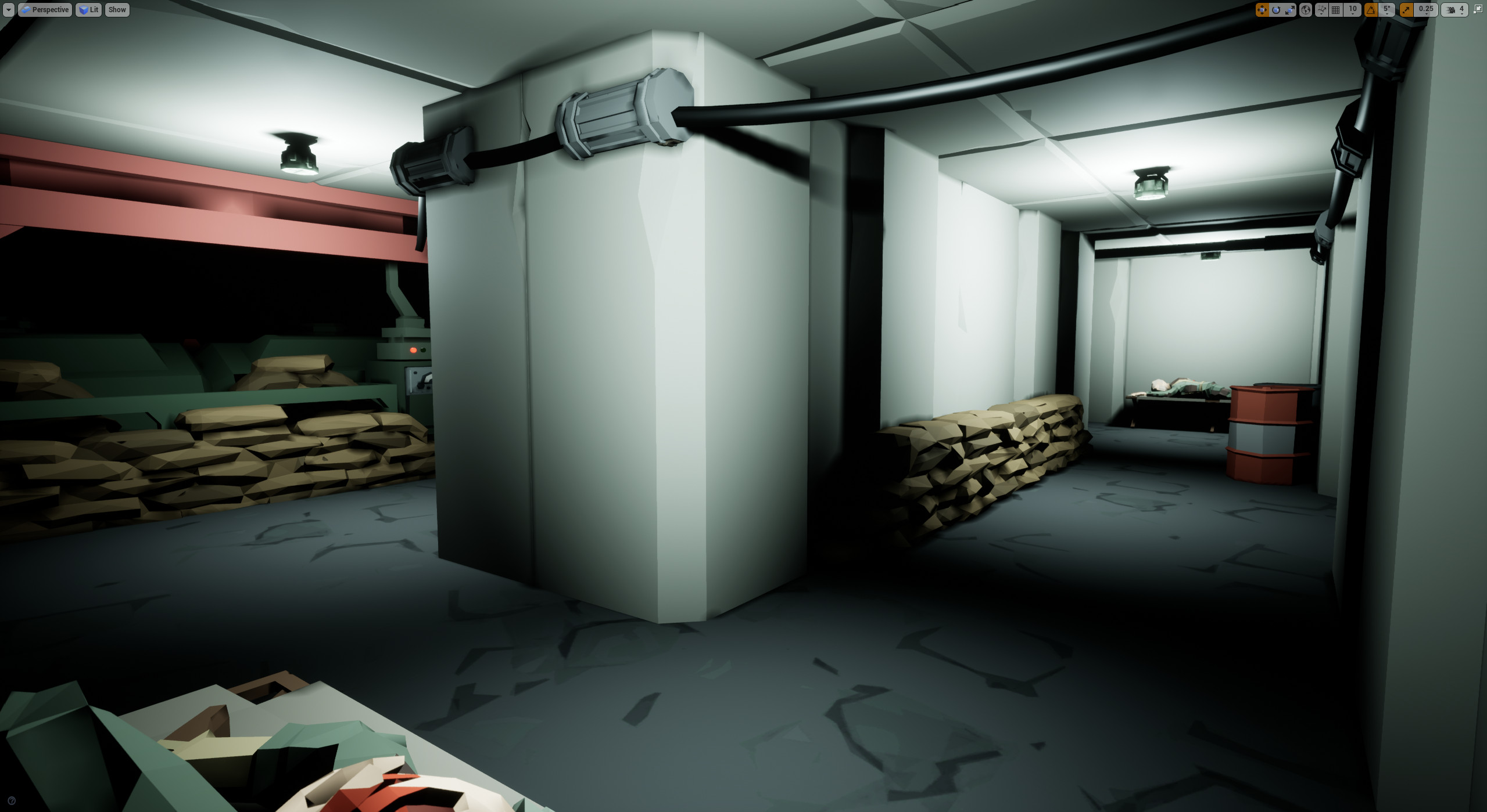 The corridor leading to the generator the player needs to activate in order to continue. This is the first obstruction challenge the player faces.