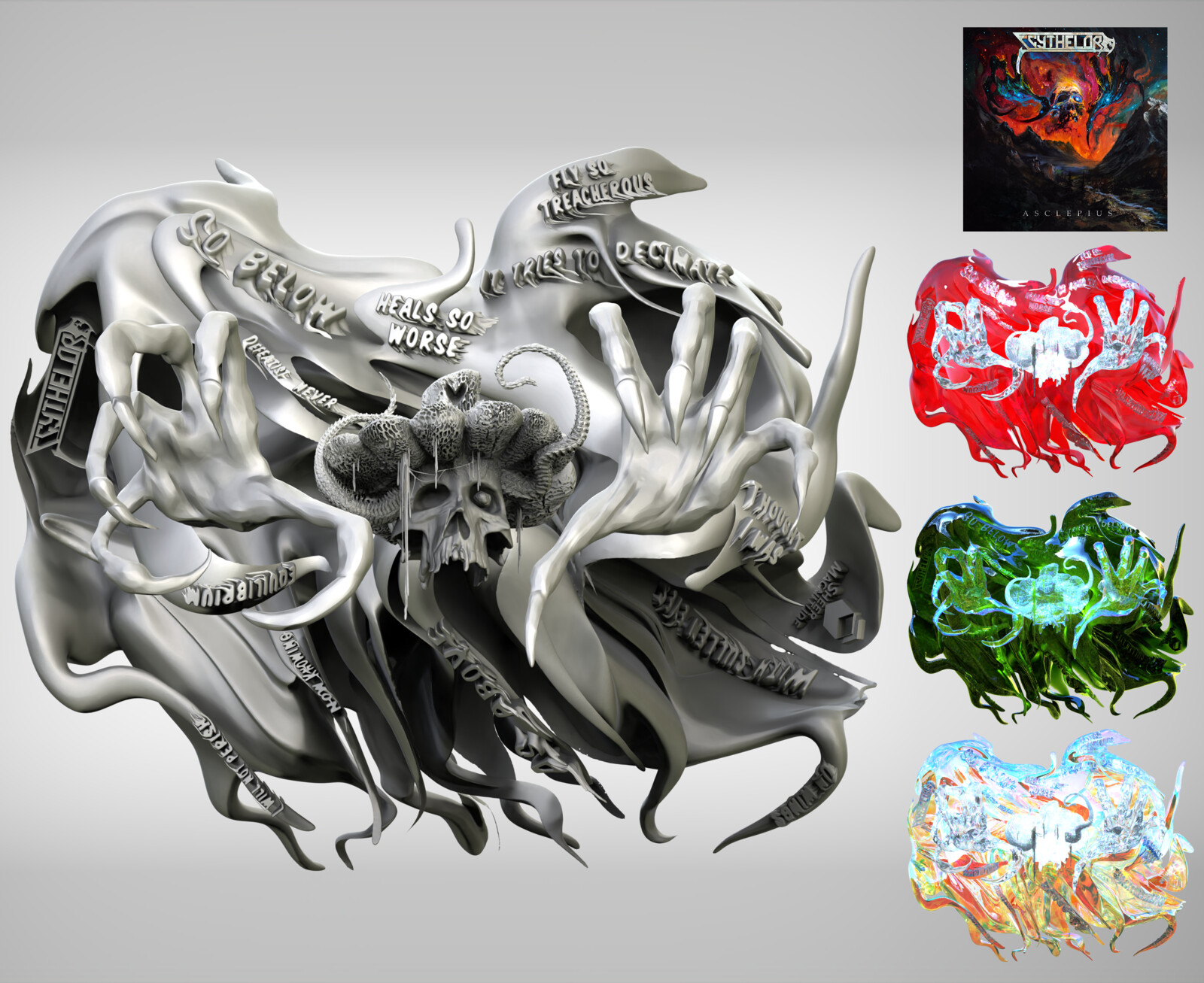 This artwork was sculpted in ZBrush, then rendered in Keyshot. I rendered multiple passes with different materials to emulate the colors used in the original artwork from Adam Burke (Top Right)