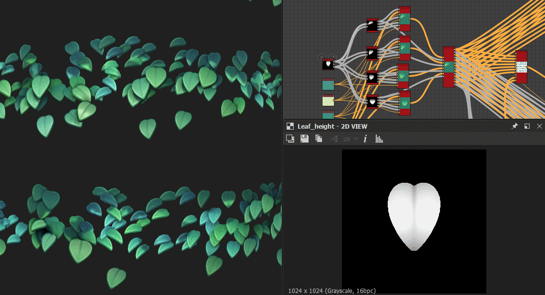Example of custom leaf generator. First is shape, then a few angles with thickness/curl added,  colorization and then it scatters them taking the 3d angle into account to not break perspective. 