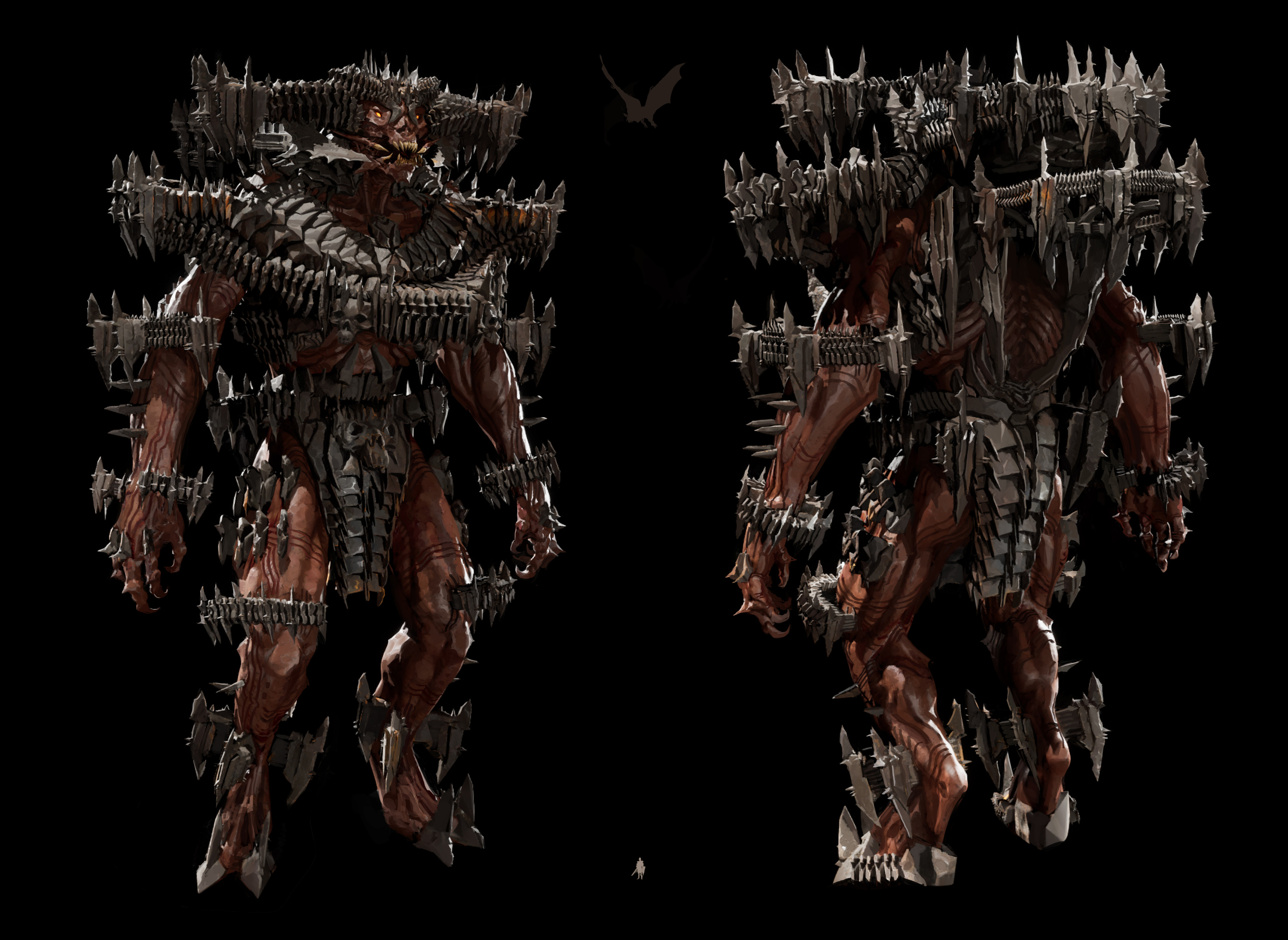 Front and back view. Human and war bat silhouettes for scale.
