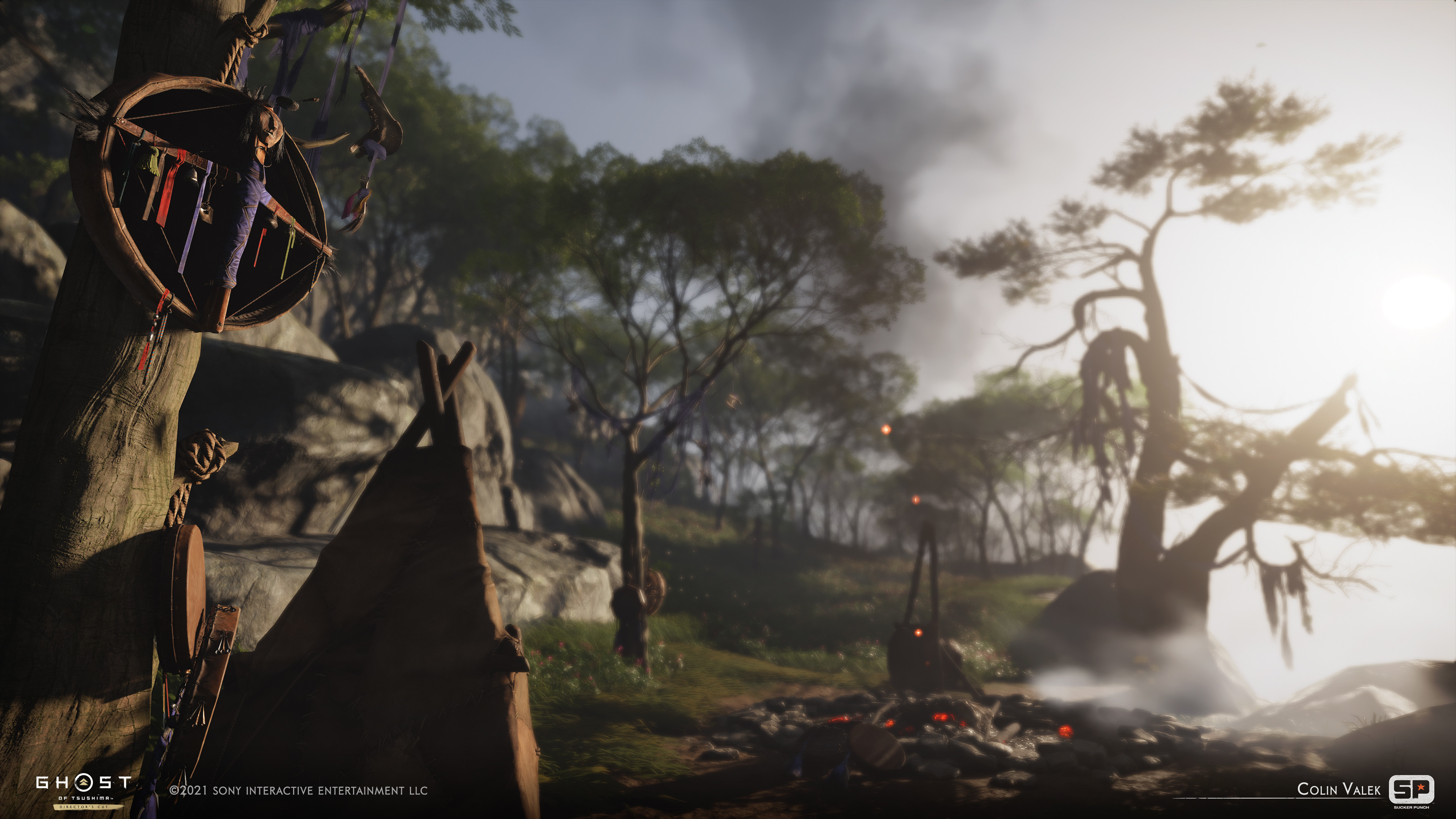 Environment/Prop set dressing, hanging shaman cloth added to trees. 