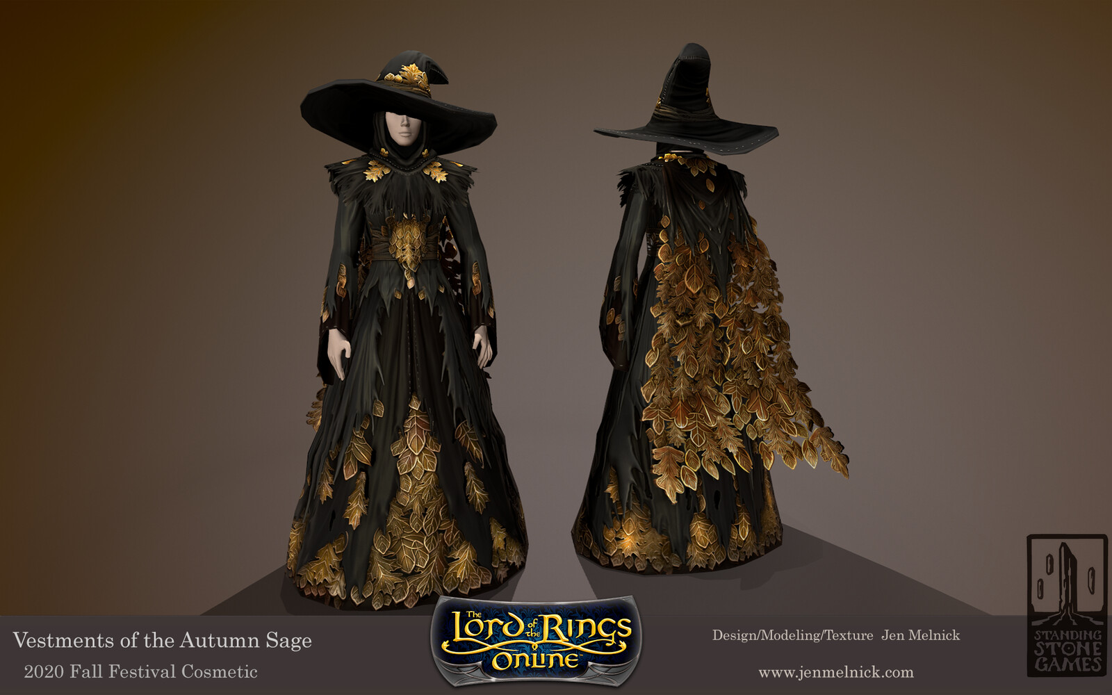Lord of the Rings Online
Vestments of the Autumn Sage
Fall Festival 2020
Dress, Shoulders, Hat, and Cloak are all dyeable
