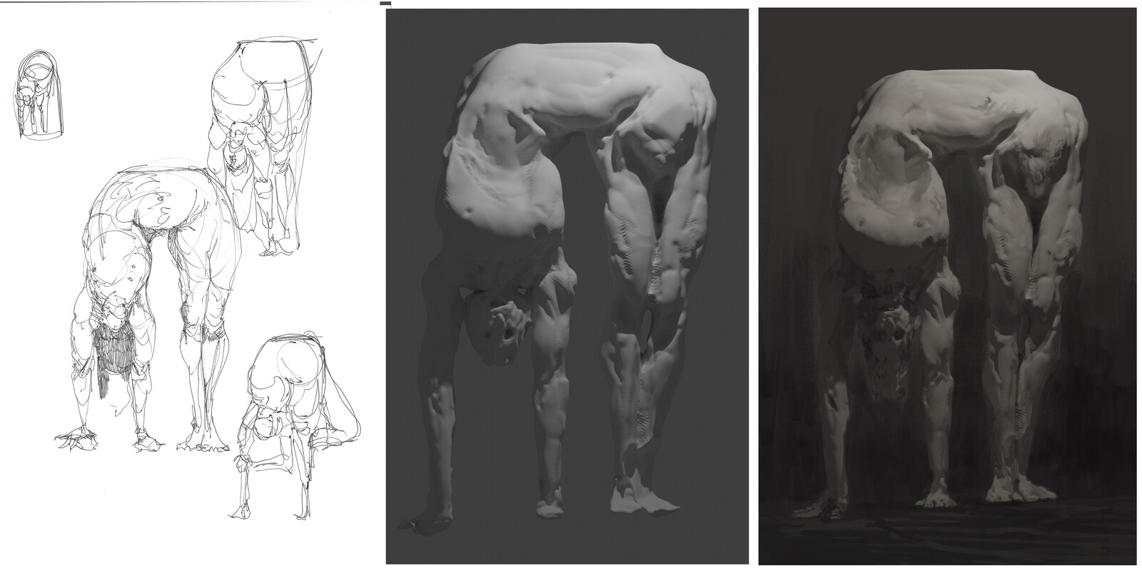 taking an idea of stretching sides from sketches on paper to a very basic sculpt and finishing it in photoshop