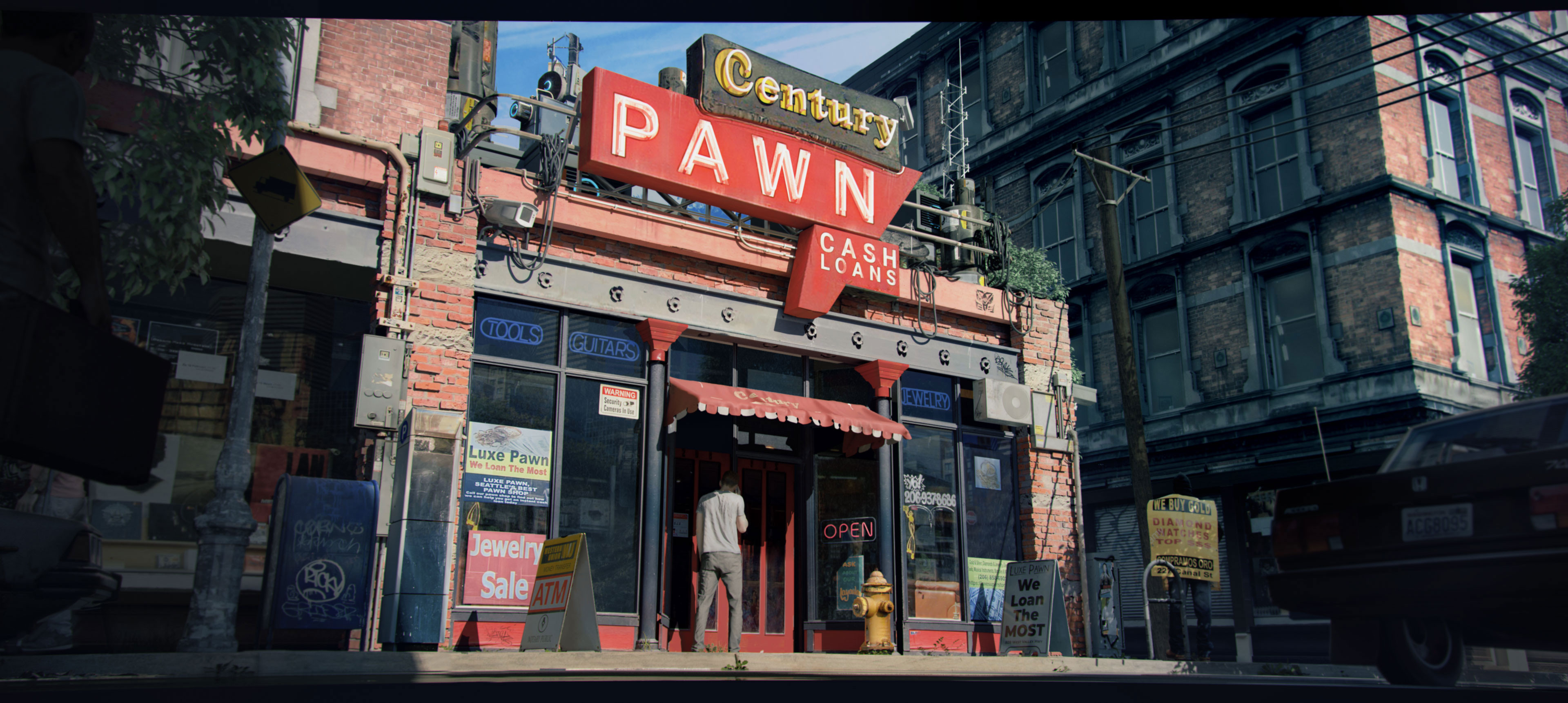 Exterior of the pawn shop.  The roof is full of alien technology disguised as human technology.